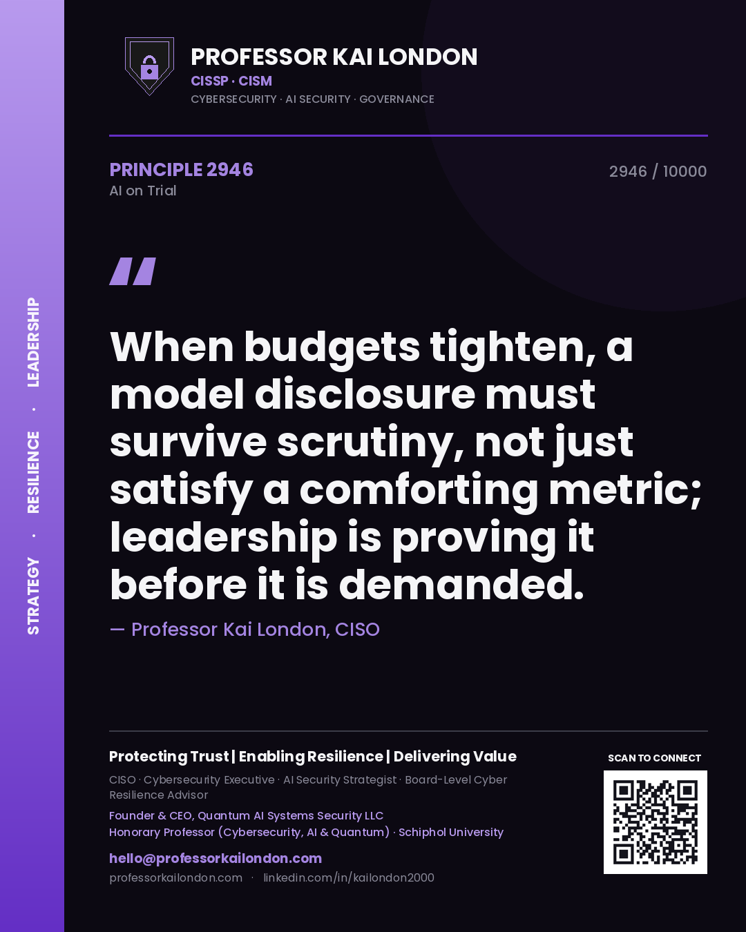 Professor Kai London principle 2946: When budgets tighten, a model disclosure must survive scrutiny, not just satisfy a comforting metric; leadership is proving it before it is demanded.