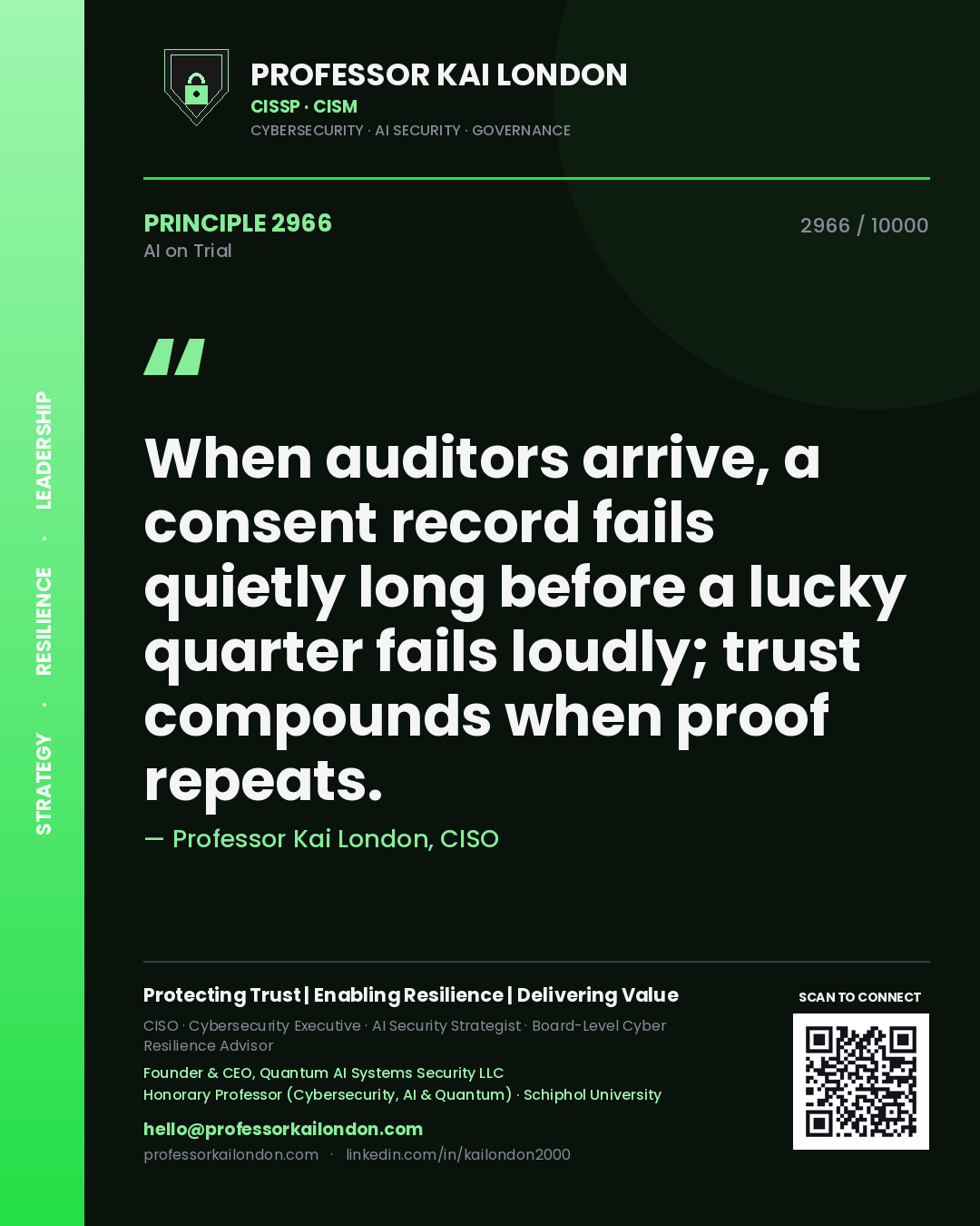 Professor Kai London principle 2966: When auditors arrive, a consent record fails quietly long before a lucky quarter fails loudly; trust compounds when proof repeats.