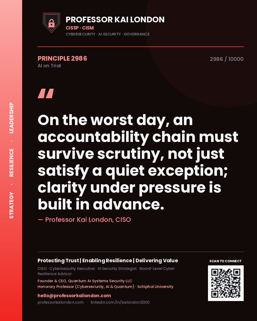 Quote card by Professor Kai London reading 'On the worst day, an accountability chain must survive scrutiny, not just satisfy a quiet exception; clarity under pressure is built in advance.'. From the book AI on Trial.