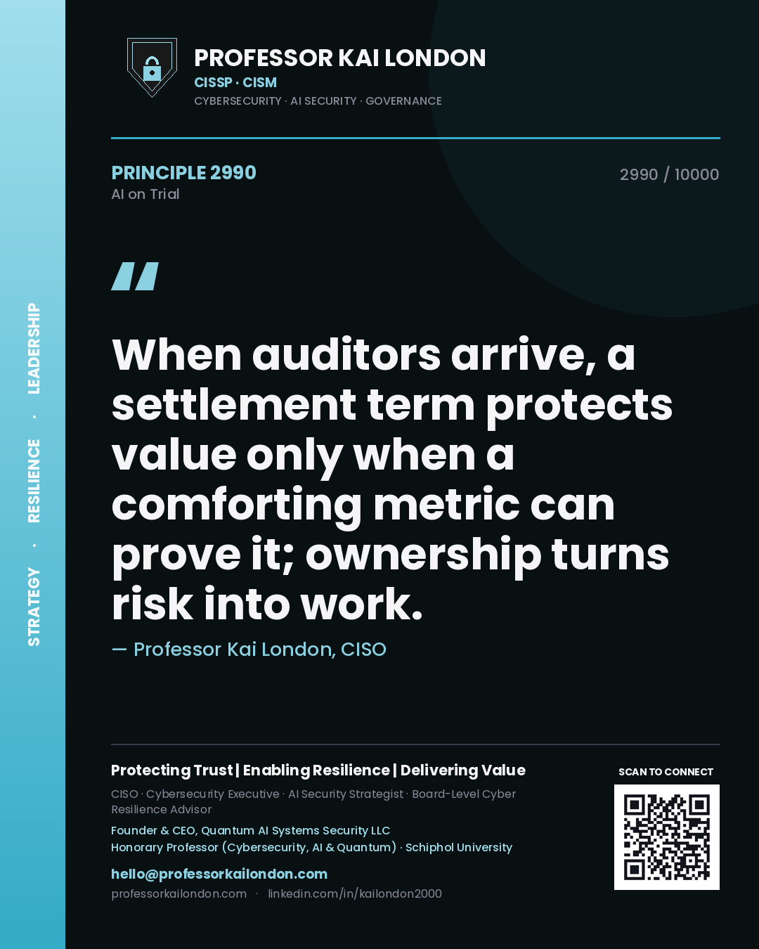 Quote card by Professor Kai London reading 'When auditors arrive, a settlement term protects value only when a comforting metric can prove it; ownership turns risk into work.'. From the book AI on Trial.