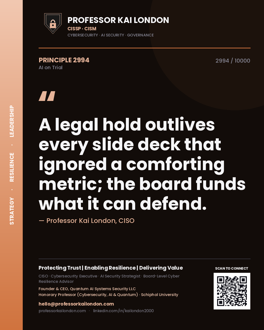 Professor Kai London principle 2994: A legal hold outlives every slide deck that ignored a comforting metric; the board funds what it can defend.