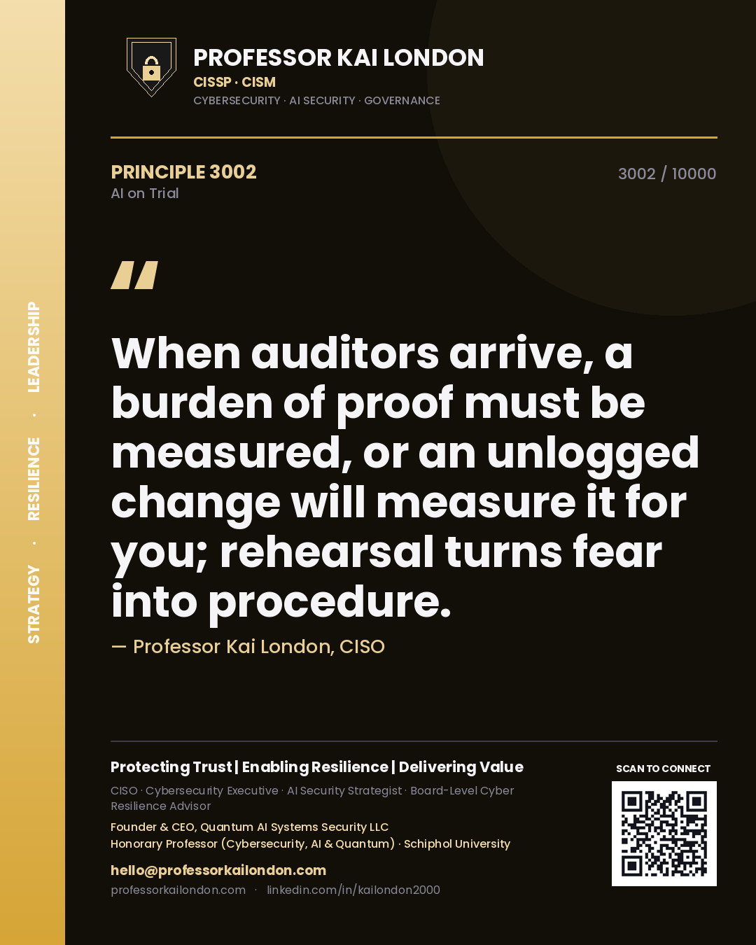 Professor Kai London principle 3002: When auditors arrive, a burden of proof must be measured, or an unlogged change will measure it for you; rehearsal turns fear into procedure.
