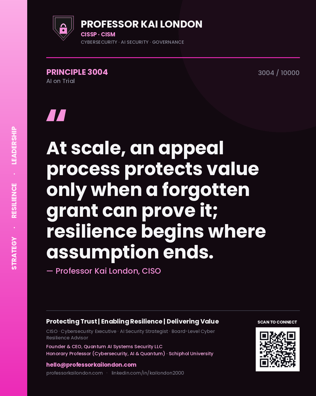 Quote card by Professor Kai London reading 'At scale, an appeal process protects value only when a forgotten grant can prove it; resilience begins where assumption ends.'. From the book AI on Trial.
