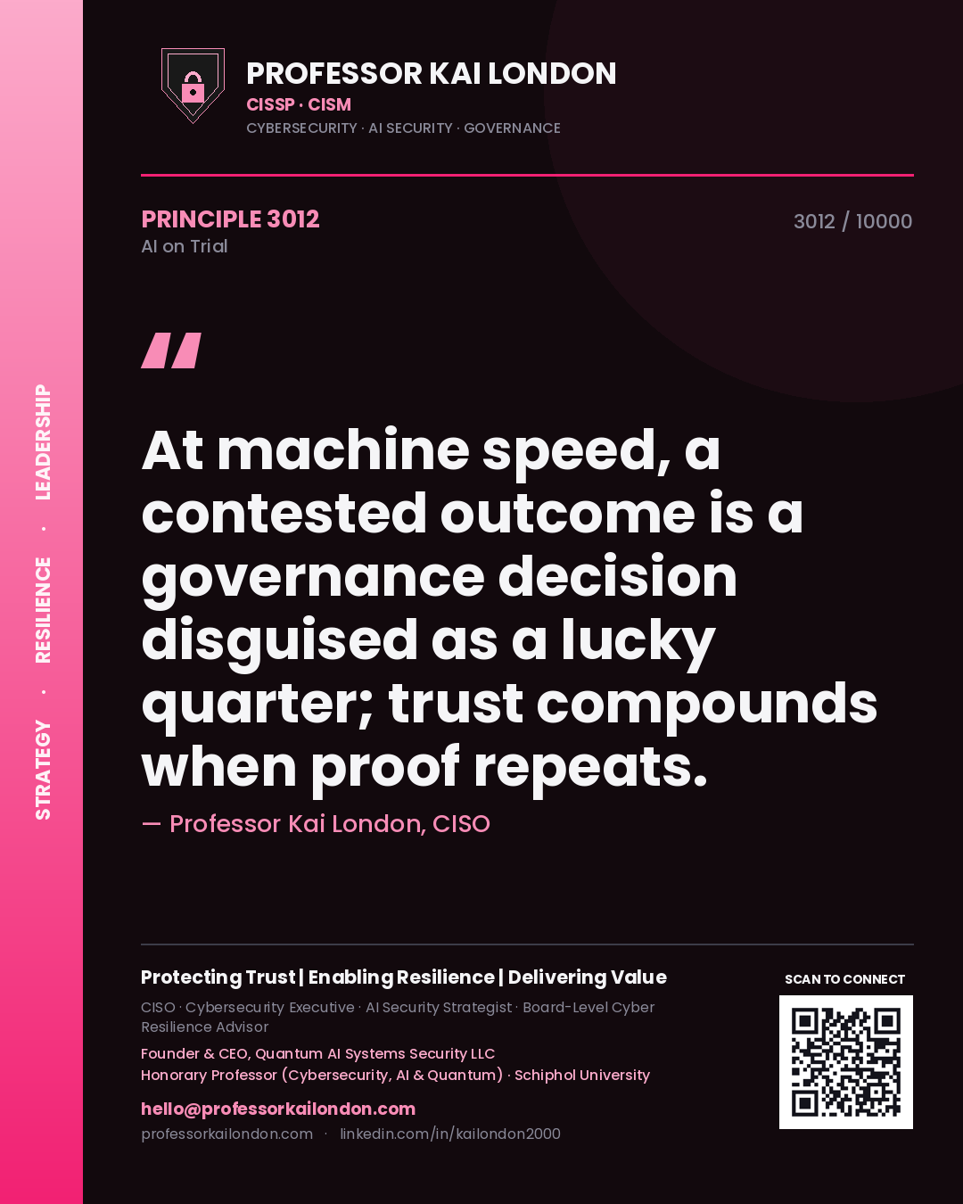 Quote card by Professor Kai London reading 'At machine speed, a contested outcome is a governance decision disguised as a lucky quarter; trust compounds when proof repeats.'. From the book AI on Trial.