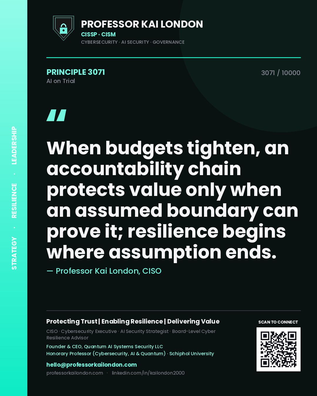Quote card by Professor Kai London reading 'When budgets tighten, an accountability chain protects value only when an assumed boundary can prove it; resilience begins where assumption ends.'. From the book AI on Trial.