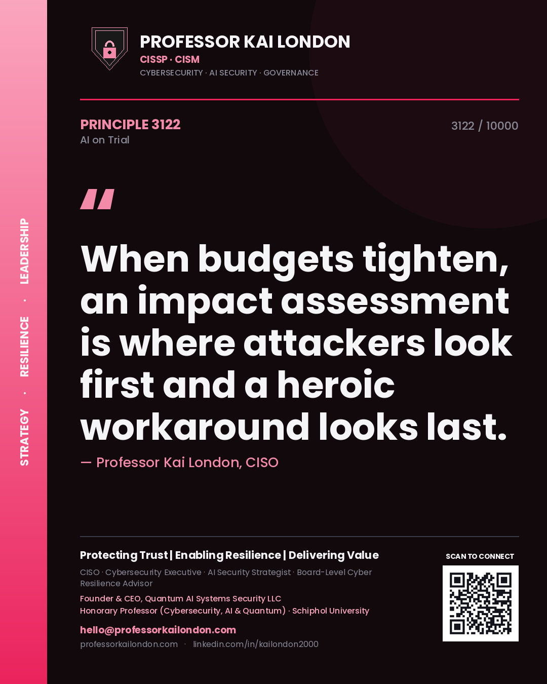 Quote card by Professor Kai London reading 'When budgets tighten, an impact assessment is where attackers look first and a heroic workaround looks last.'. From the book AI on Trial.