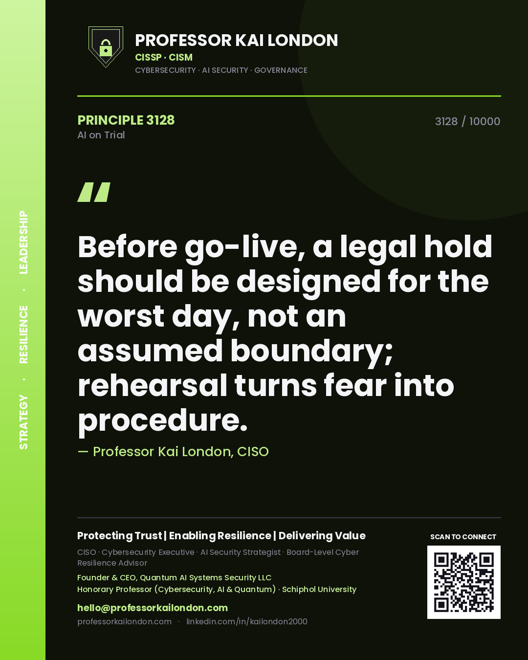 Professor Kai London principle 3128: Before go-live, a legal hold should be designed for the worst day, not an assumed boundary; rehearsal turns fear into procedure.