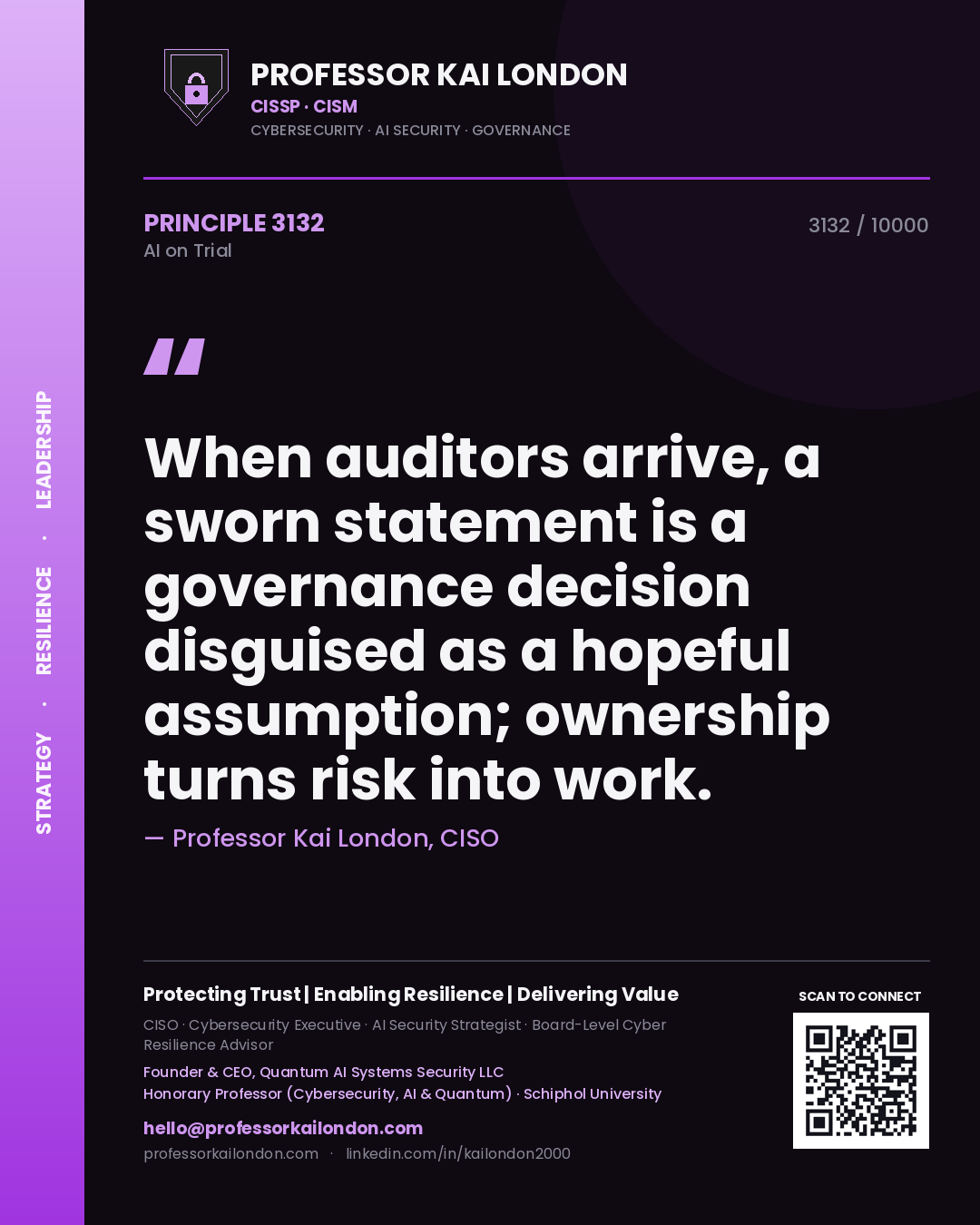 Quote card by Professor Kai London reading 'When auditors arrive, a sworn statement is a governance decision disguised as a hopeful assumption; ownership turns risk into work.'. From the book AI on Trial.