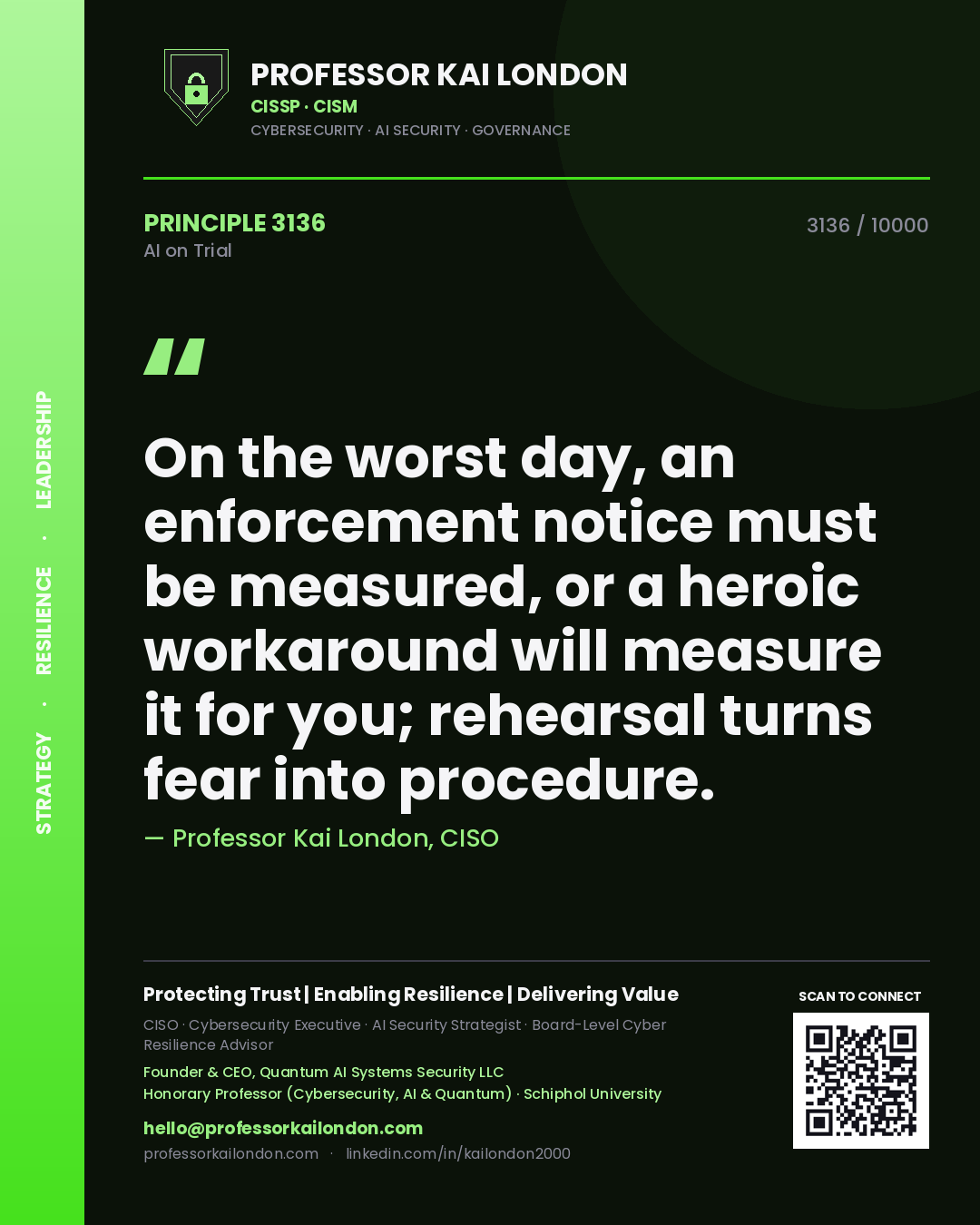 Professor Kai London principle 3136: On the worst day, an enforcement notice must be measured, or a heroic workaround will measure it for you; rehearsal turns fear into procedure.
