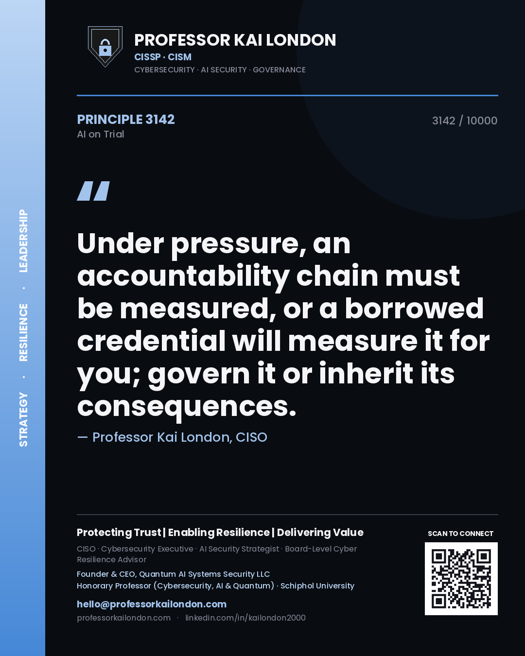 Quote card by Professor Kai London reading 'Under pressure, an accountability chain must be measured, or a borrowed credential will measure it for you; govern it or inherit its consequences.'. From the book AI on Trial.