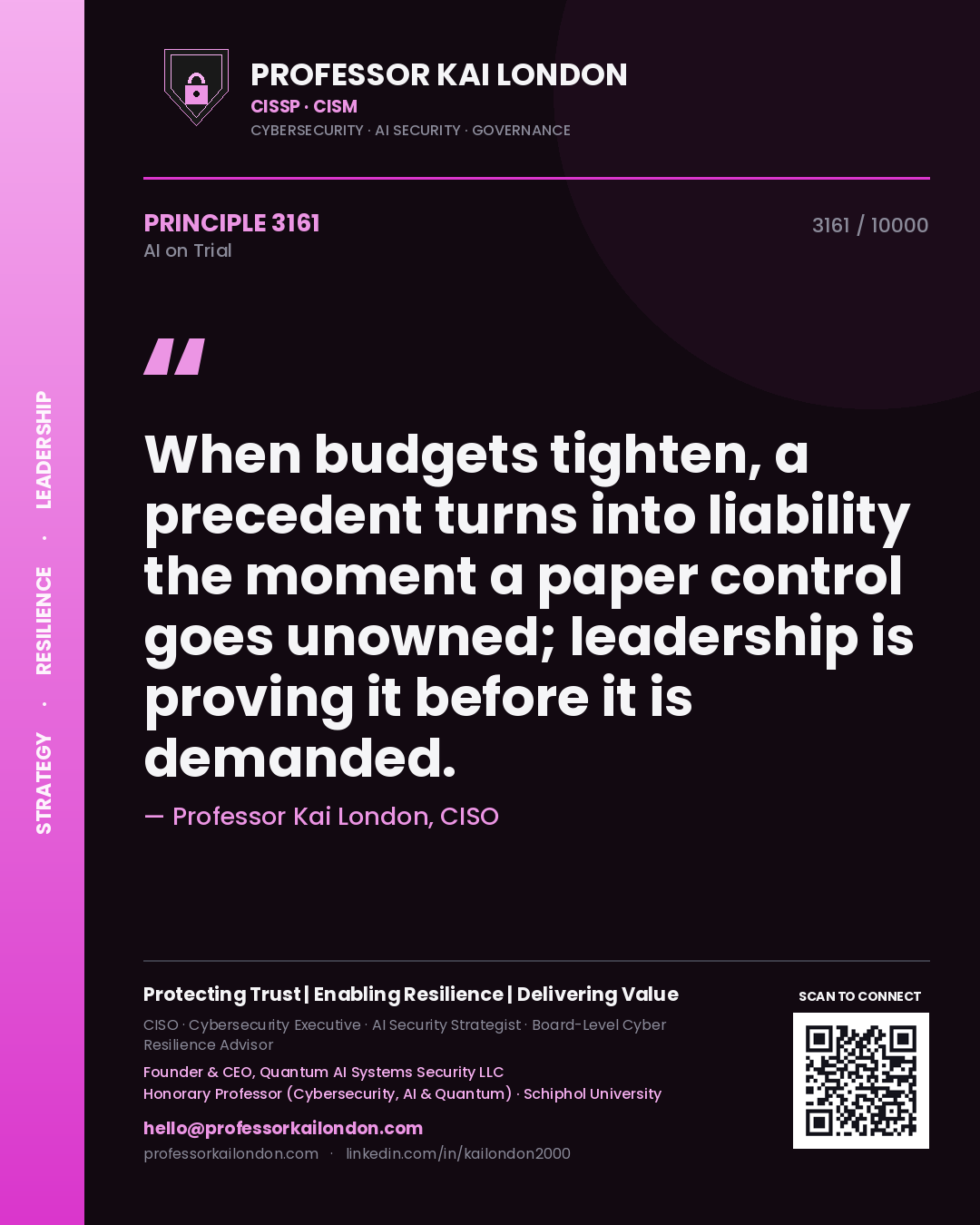 Quote card by Professor Kai London reading 'When budgets tighten, a precedent turns into liability the moment a paper control goes unowned; leadership is proving it before it is demanded.'. From the book AI on Trial.