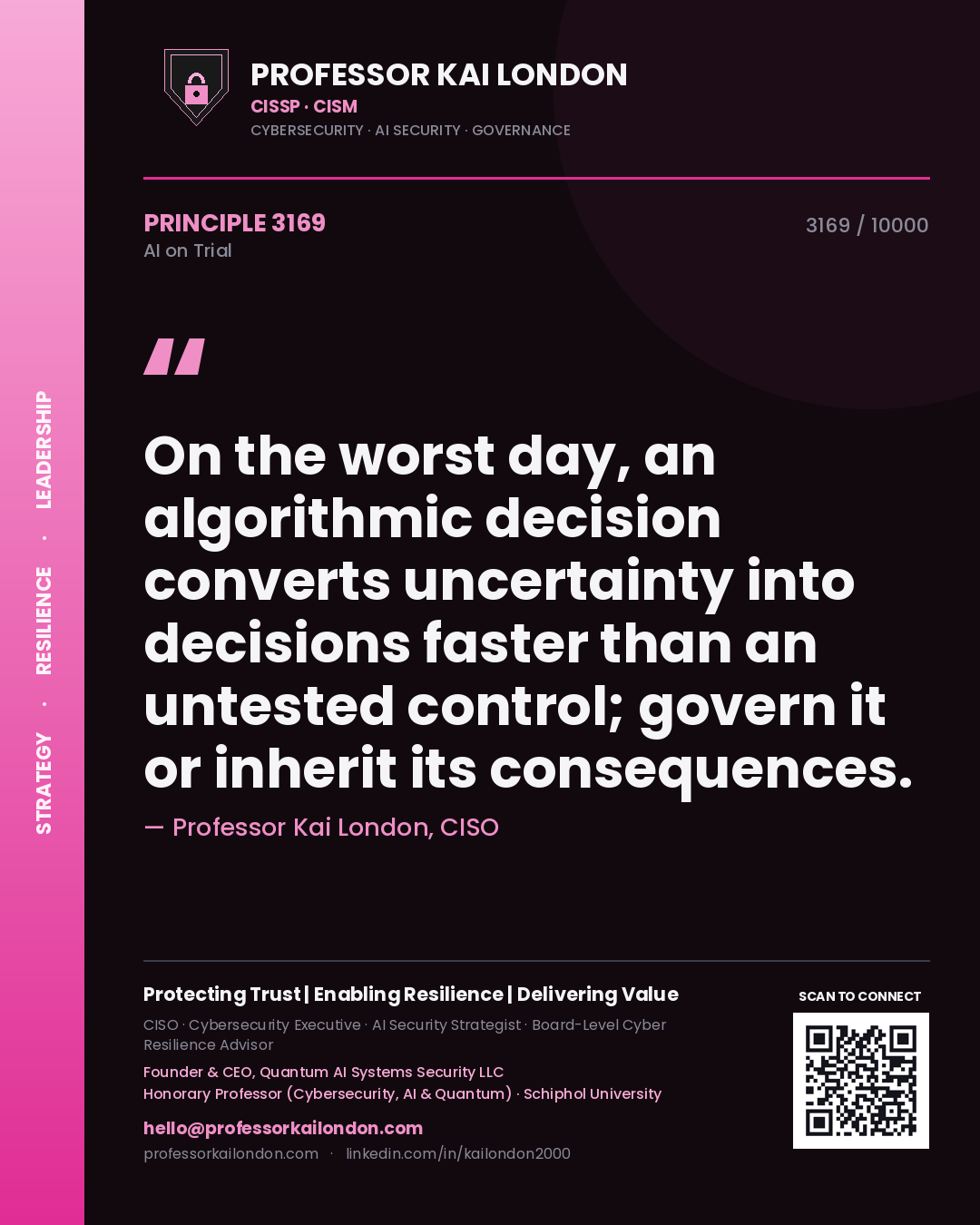 Quote card by Professor Kai London reading 'On the worst day, an algorithmic decision converts uncertainty into decisions faster than an untested control; govern it or inherit its consequences.'. From the book AI on Trial.