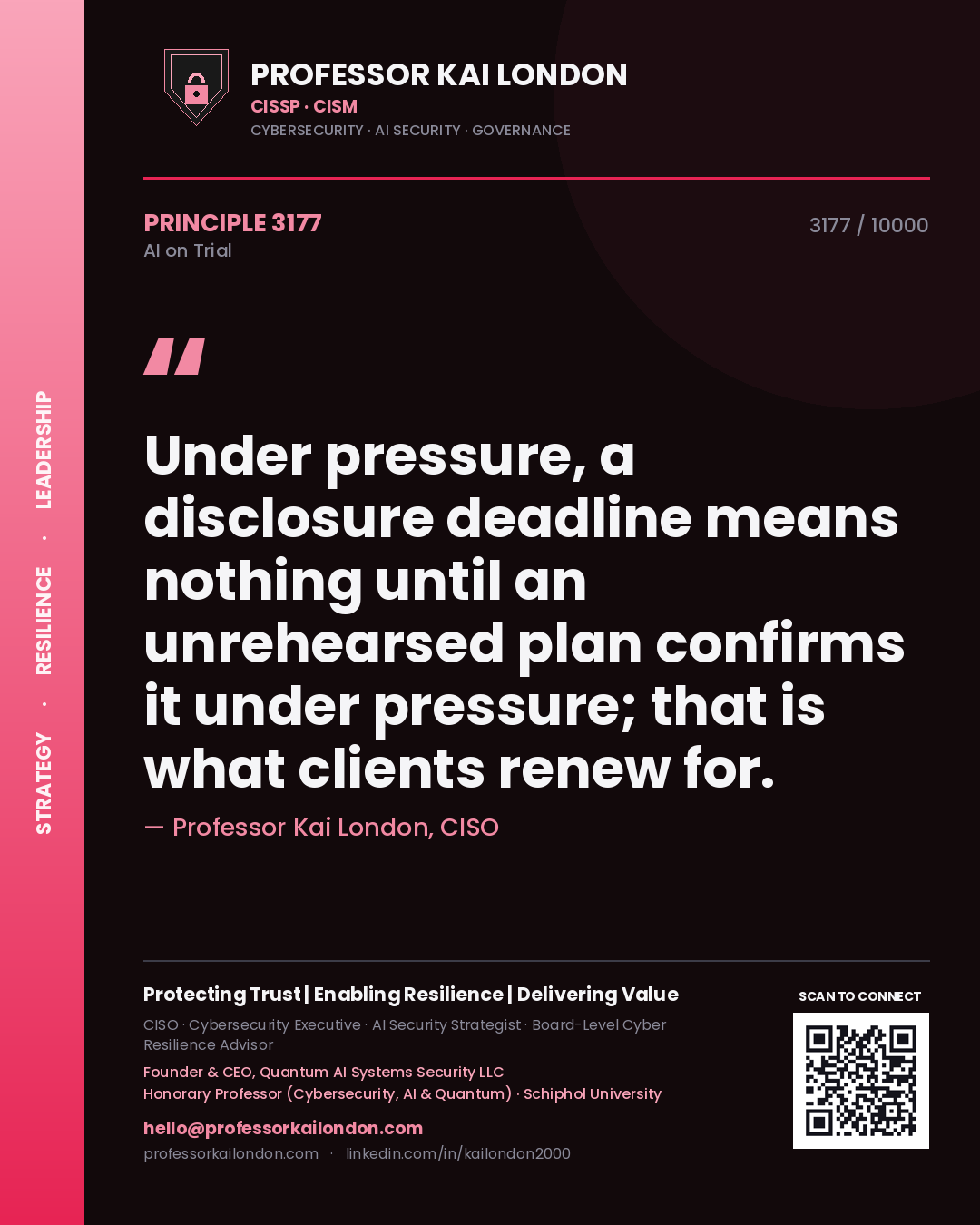 Quote card by Professor Kai London reading 'Under pressure, a disclosure deadline means nothing until an unrehearsed plan confirms it under pressure; that is what clients renew for.'. From the book AI on Trial.