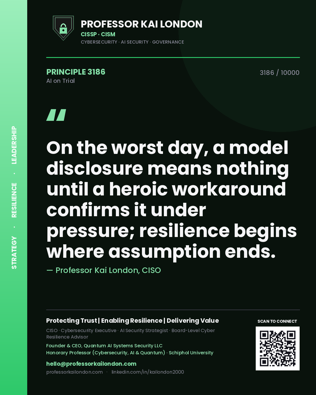 Quote card by Professor Kai London reading 'On the worst day, a model disclosure means nothing until a heroic workaround confirms it under pressure; resilience begins where assumption ends.'. From the book AI on Trial.