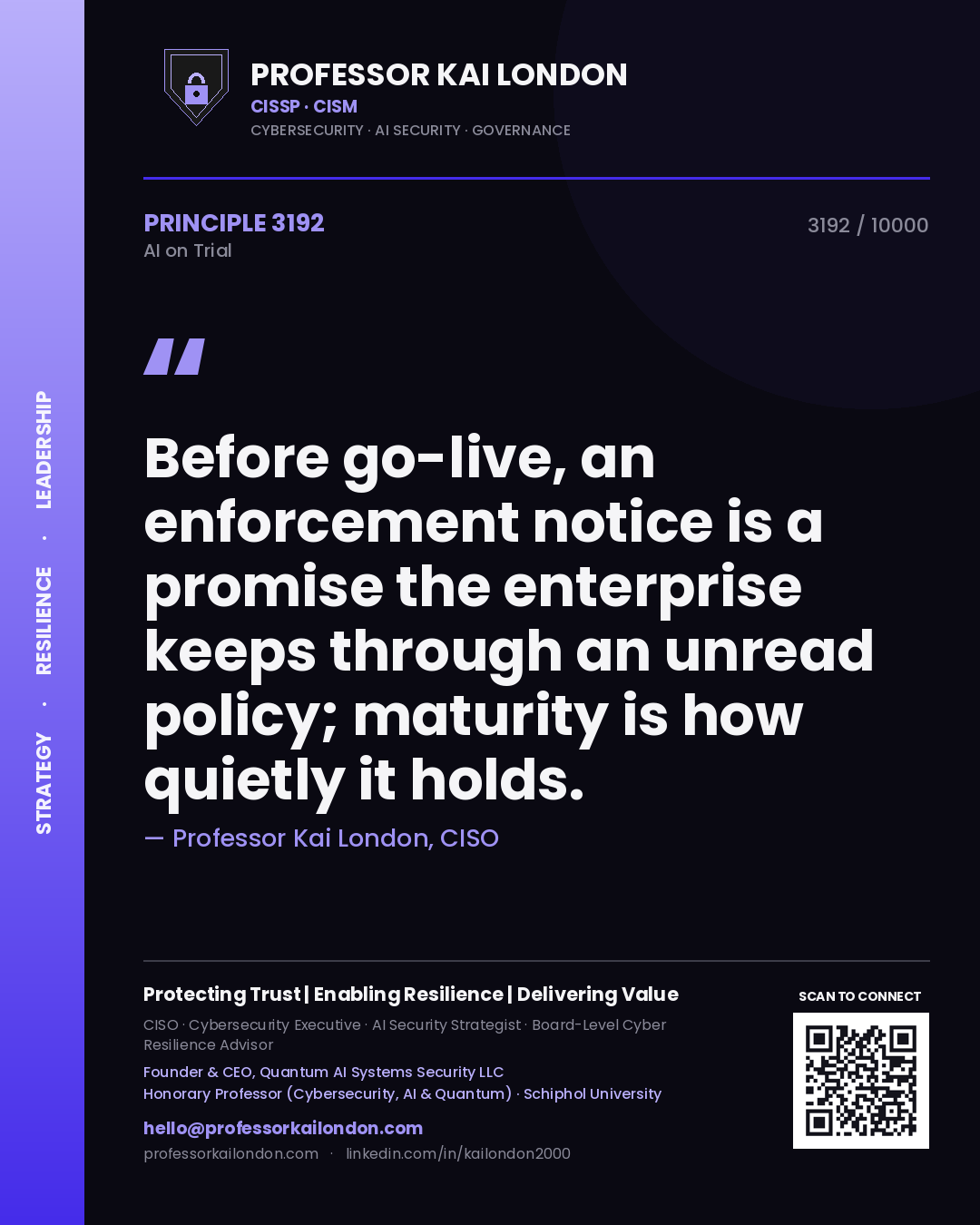 Quote card by Professor Kai London reading 'Before go-live, an enforcement notice is a promise the enterprise keeps through an unread policy; maturity is how quietly it holds.'. From the book AI on Trial.