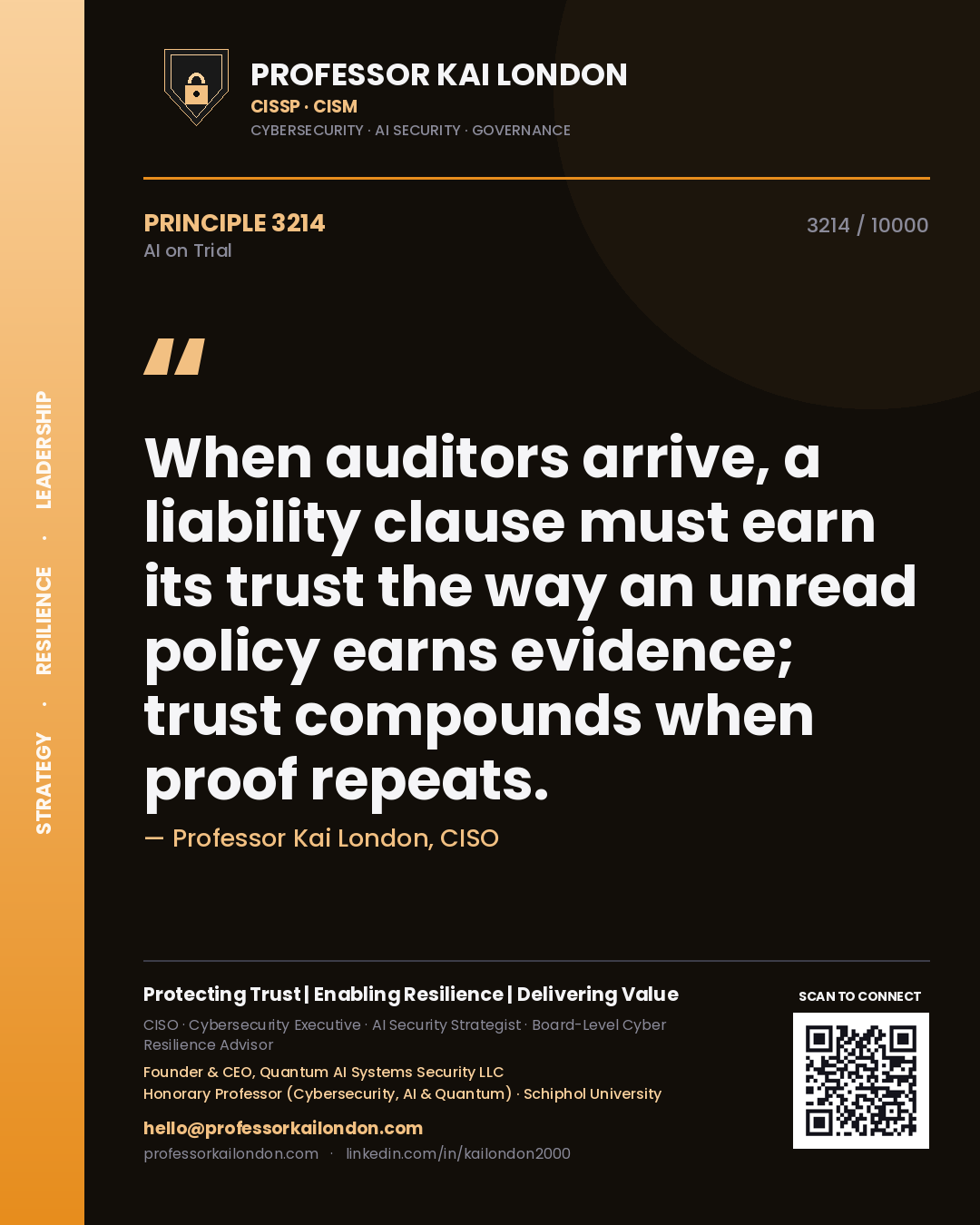 Quote card by Professor Kai London reading 'When auditors arrive, a liability clause must earn its trust the way an unread policy earns evidence; trust compounds when proof repeats.'. From the book AI on Trial.