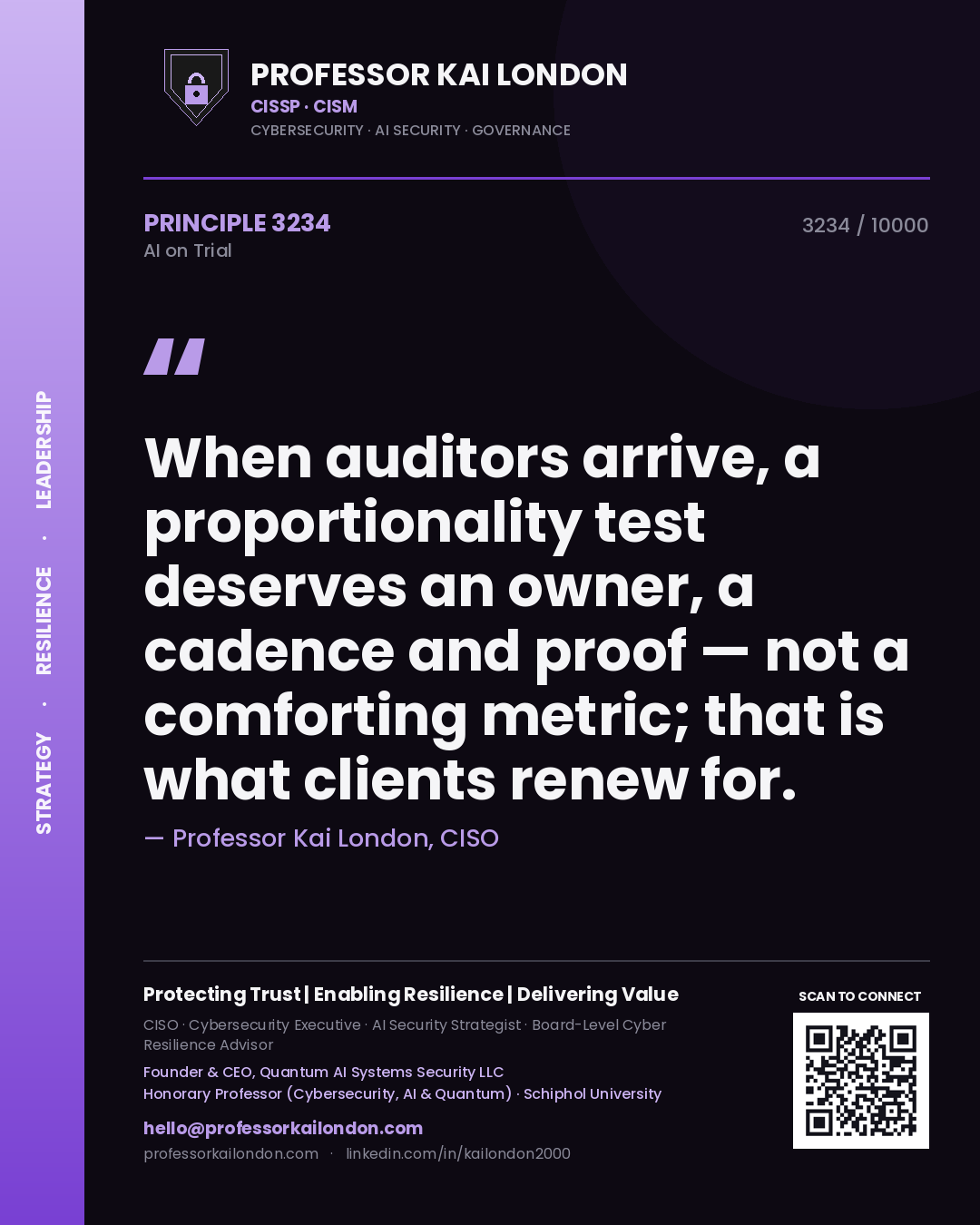 Quote card by Professor Kai London reading 'When auditors arrive, a proportionality test deserves an owner, a cadence and proof — not a comforting metric; that is what clients renew for.'. From the book AI on Trial.