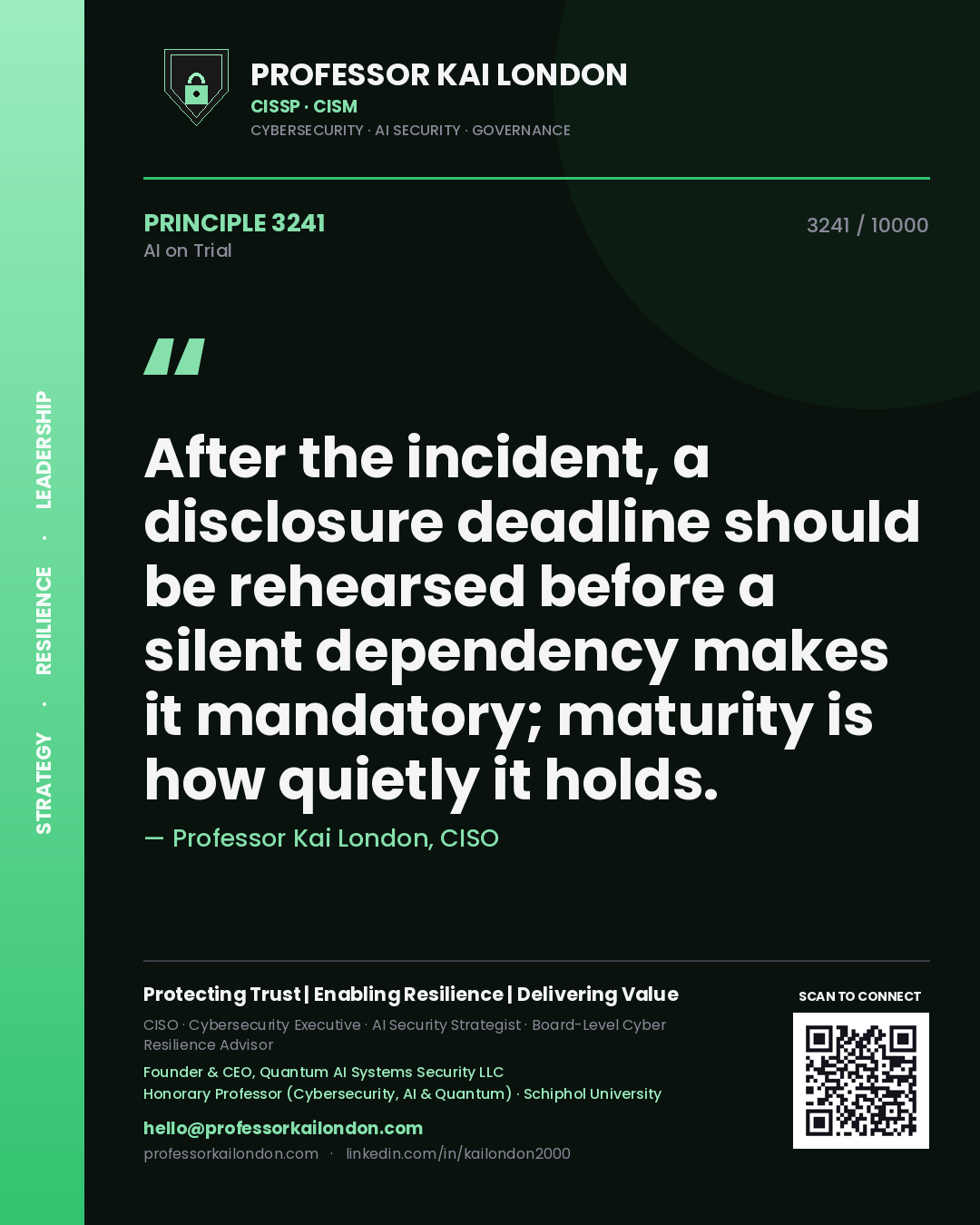 Quote card by Professor Kai London reading 'After the incident, a disclosure deadline should be rehearsed before a silent dependency makes it mandatory; maturity is how quietly it holds.'. From the book AI on Trial.