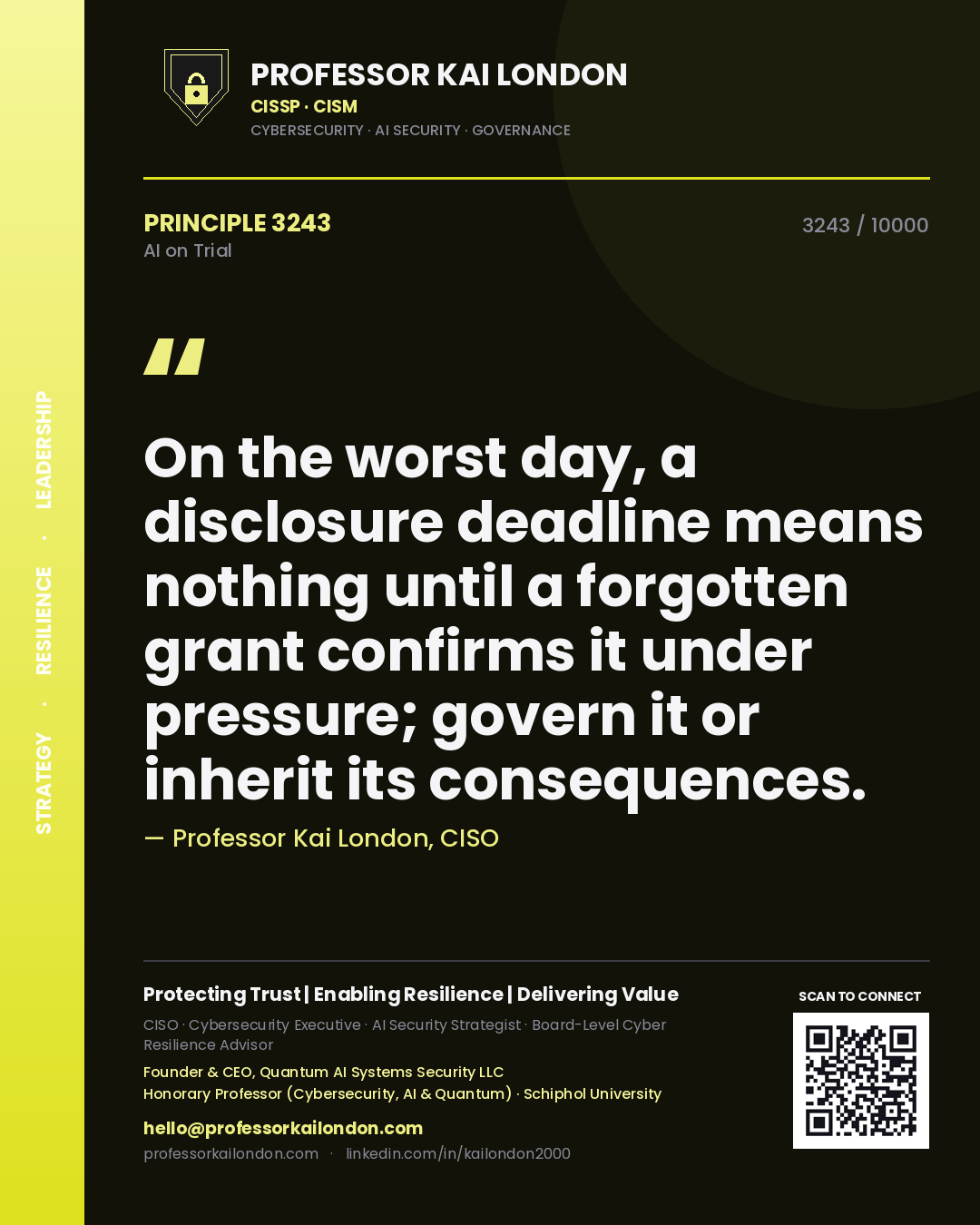 Quote card by Professor Kai London reading 'On the worst day, a disclosure deadline means nothing until a forgotten grant confirms it under pressure; govern it or inherit its consequences.'. From the book AI on Trial.