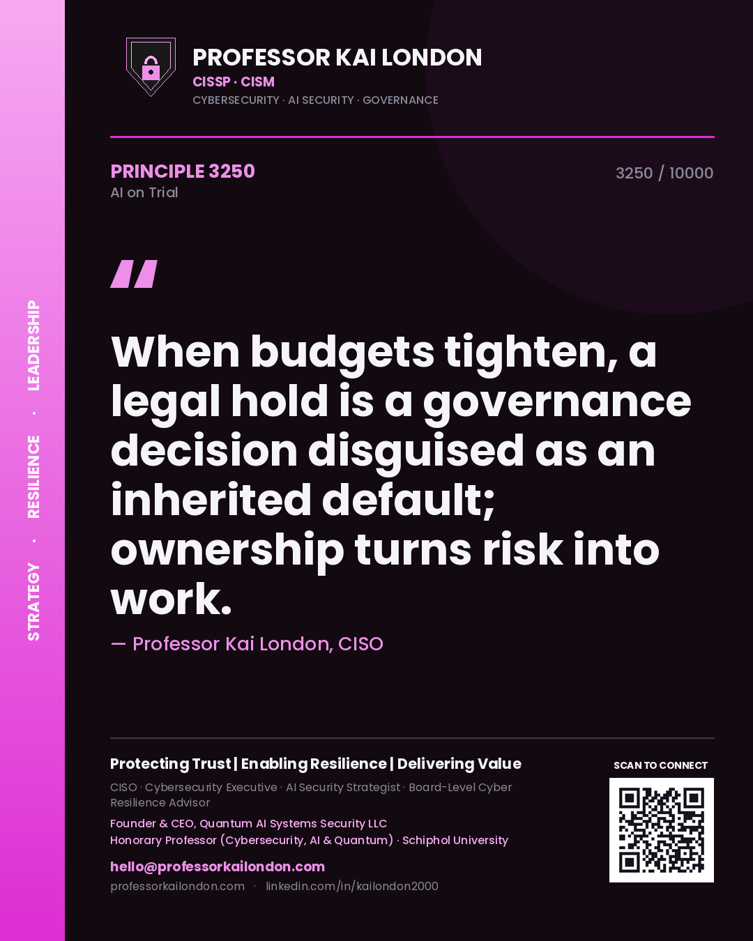 Quote card by Professor Kai London reading 'When budgets tighten, a legal hold is a governance decision disguised as an inherited default; ownership turns risk into work.'. From the book AI on Trial.