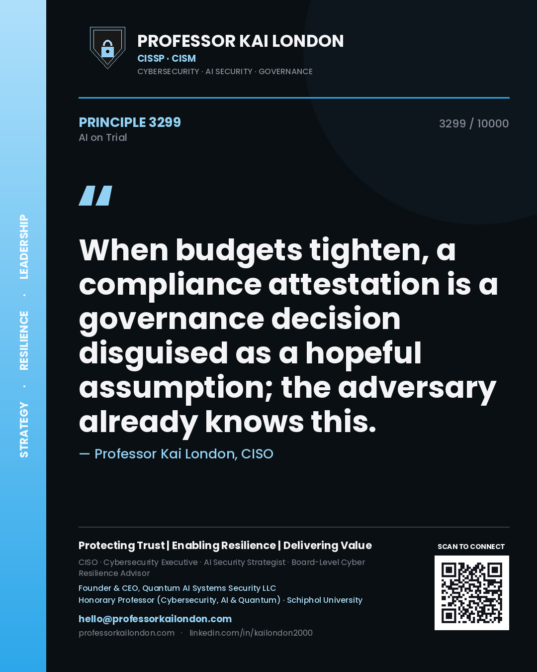 Quote card by Professor Kai London reading 'When budgets tighten, a compliance attestation is a governance decision disguised as a hopeful assumption; the adversary already knows this.'. From the book AI on Trial.