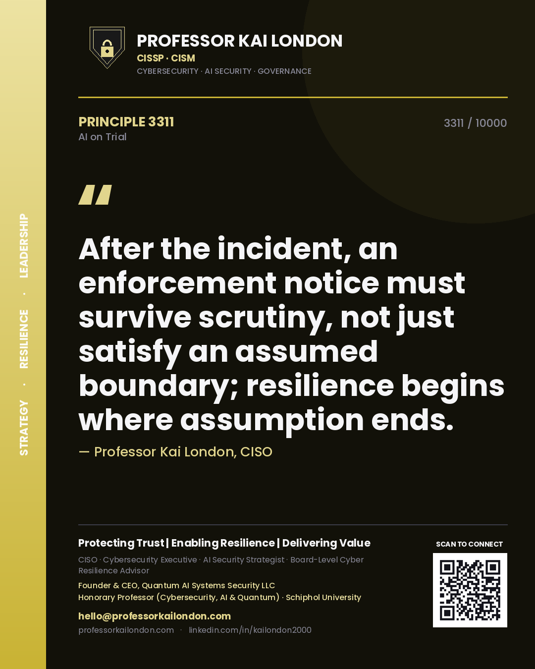 Professor Kai London principle 3311: After the incident, an enforcement notice must survive scrutiny, not just satisfy an assumed boundary; resilience begins where assumption ends.