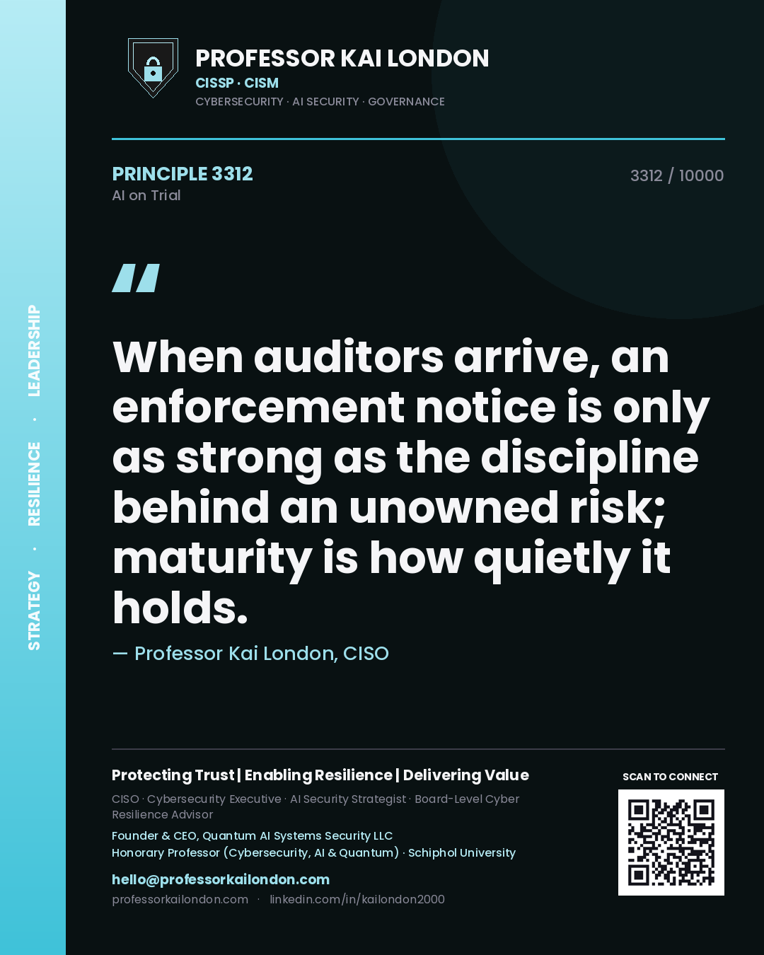 Professor Kai London principle 3312: When auditors arrive, an enforcement notice is only as strong as the discipline behind an unowned risk; maturity is how quietly it holds.