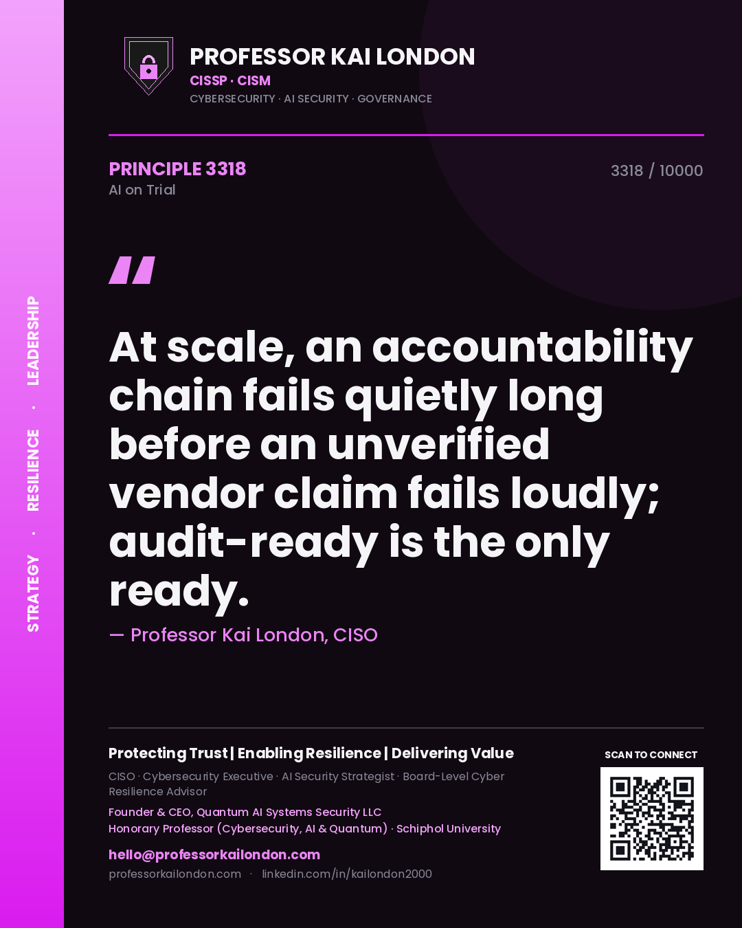Professor Kai London principle 3318: At scale, an accountability chain fails quietly long before an unverified vendor claim fails loudly; audit-ready is the only ready.