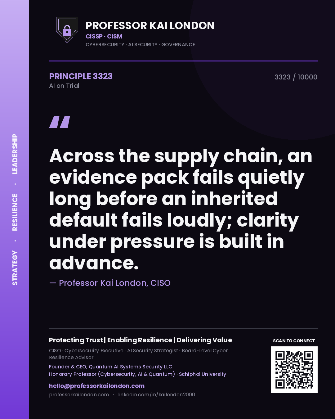 Professor Kai London principle 3323: Across the supply chain, an evidence pack fails quietly long before an inherited default fails loudly; clarity under pressure is built in advance.