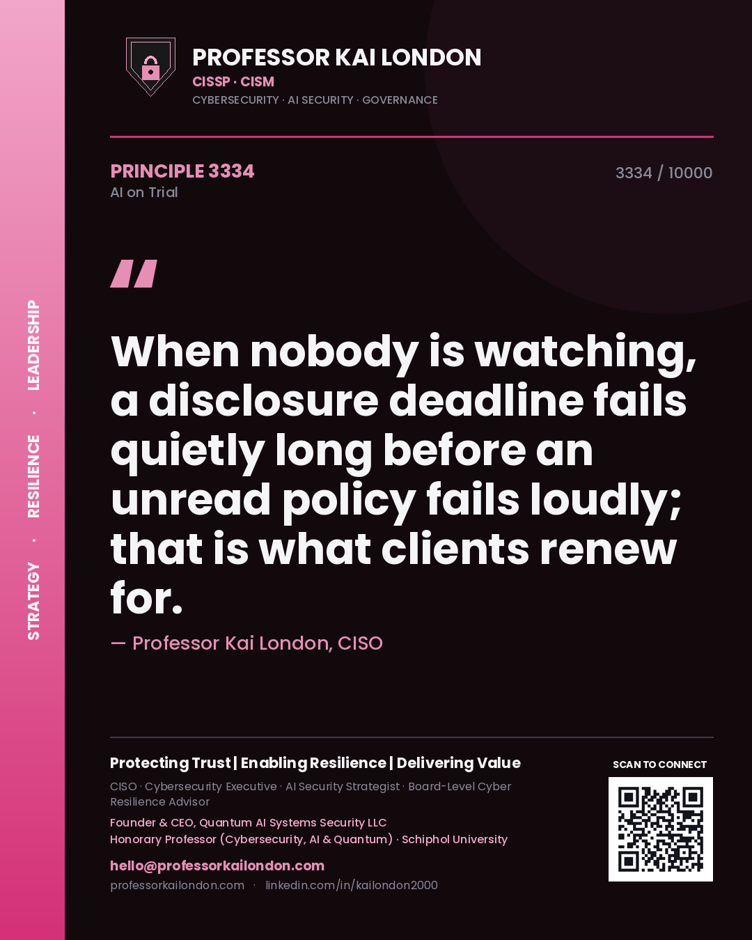 Professor Kai London principle 3334: When nobody is watching, a disclosure deadline fails quietly long before an unread policy fails loudly; that is what clients renew for.