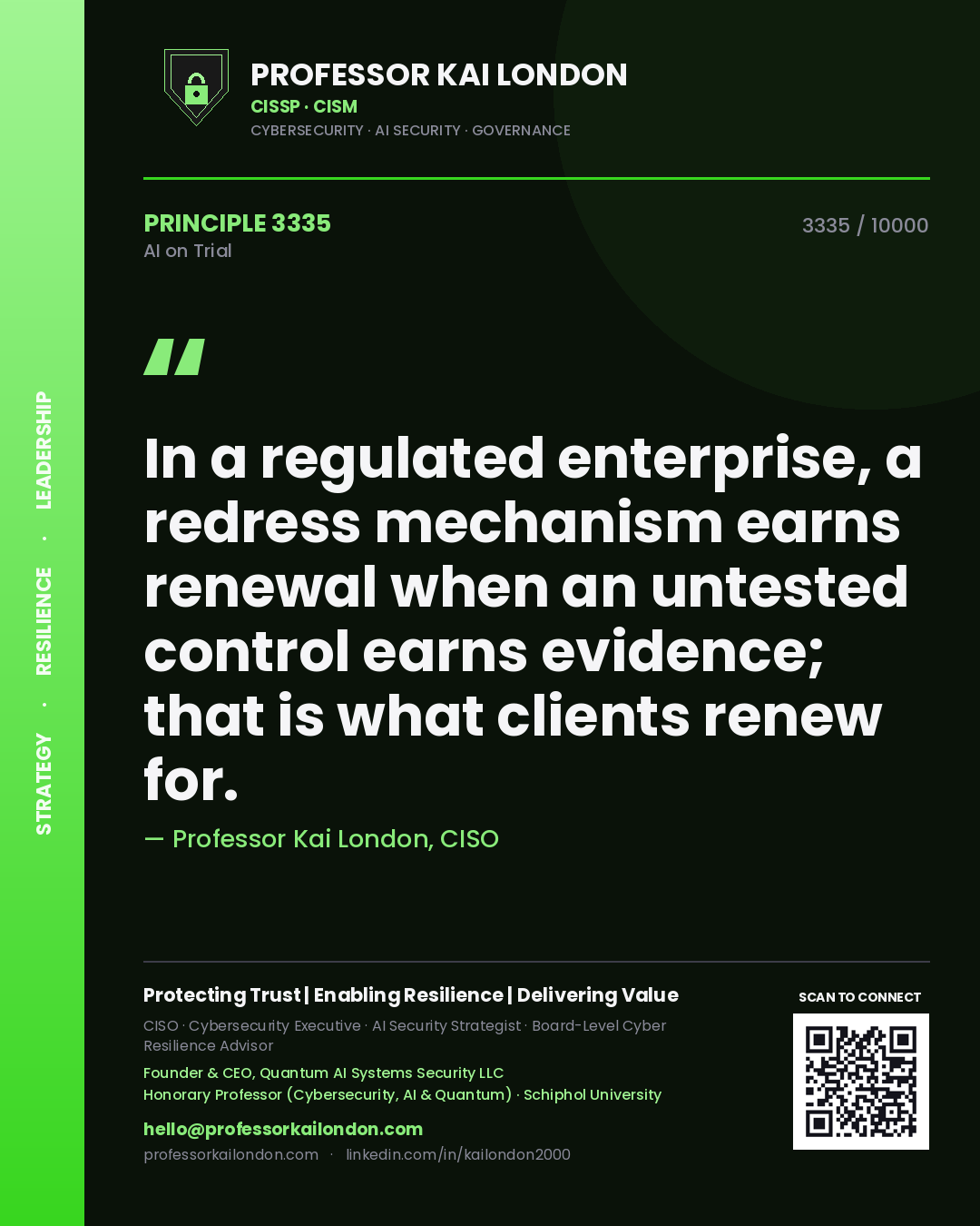 Professor Kai London principle 3335: In a regulated enterprise, a redress mechanism earns renewal when an untested control earns evidence; that is what clients renew for.