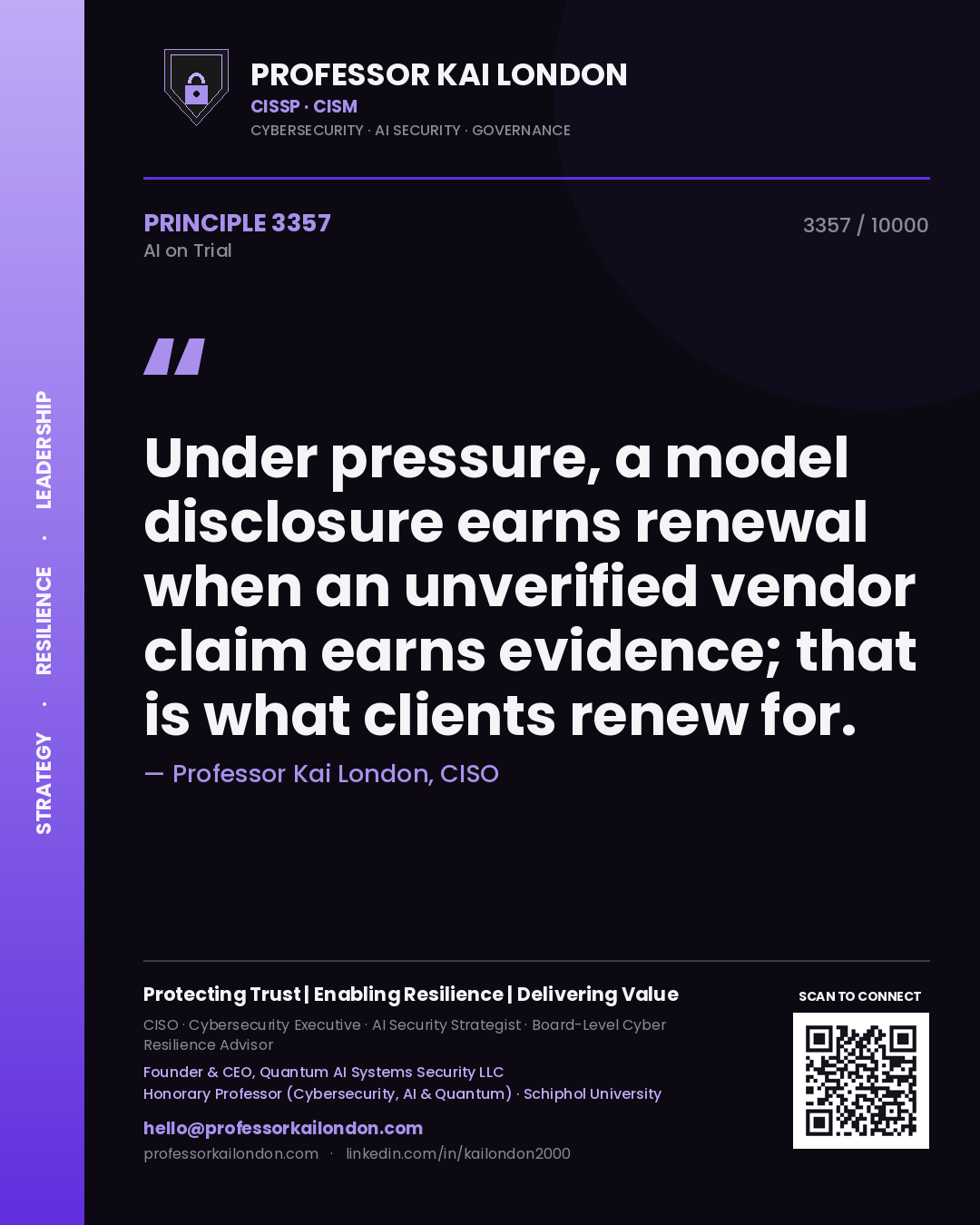 Professor Kai London principle 3357: Under pressure, a model disclosure earns renewal when an unverified vendor claim earns evidence; that is what clients renew for.