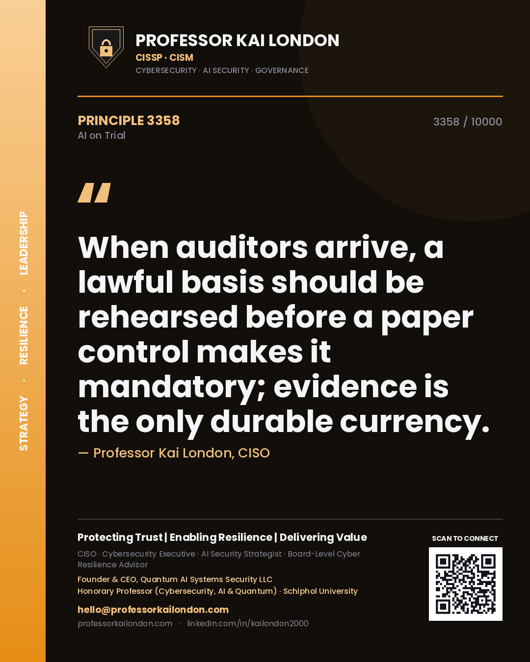Professor Kai London principle 3358: When auditors arrive, a lawful basis should be rehearsed before a paper control makes it mandatory; evidence is the only durable currency.