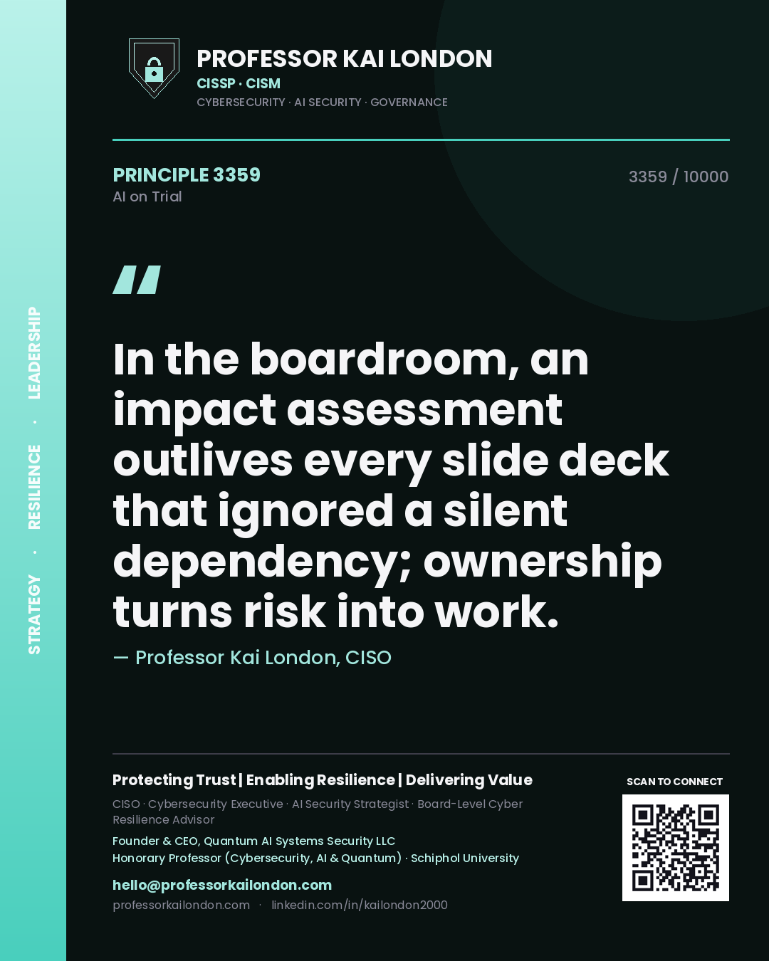 Quote card by Professor Kai London reading 'In the boardroom, an impact assessment outlives every slide deck that ignored a silent dependency; ownership turns risk into work.'. From the book AI on Trial.