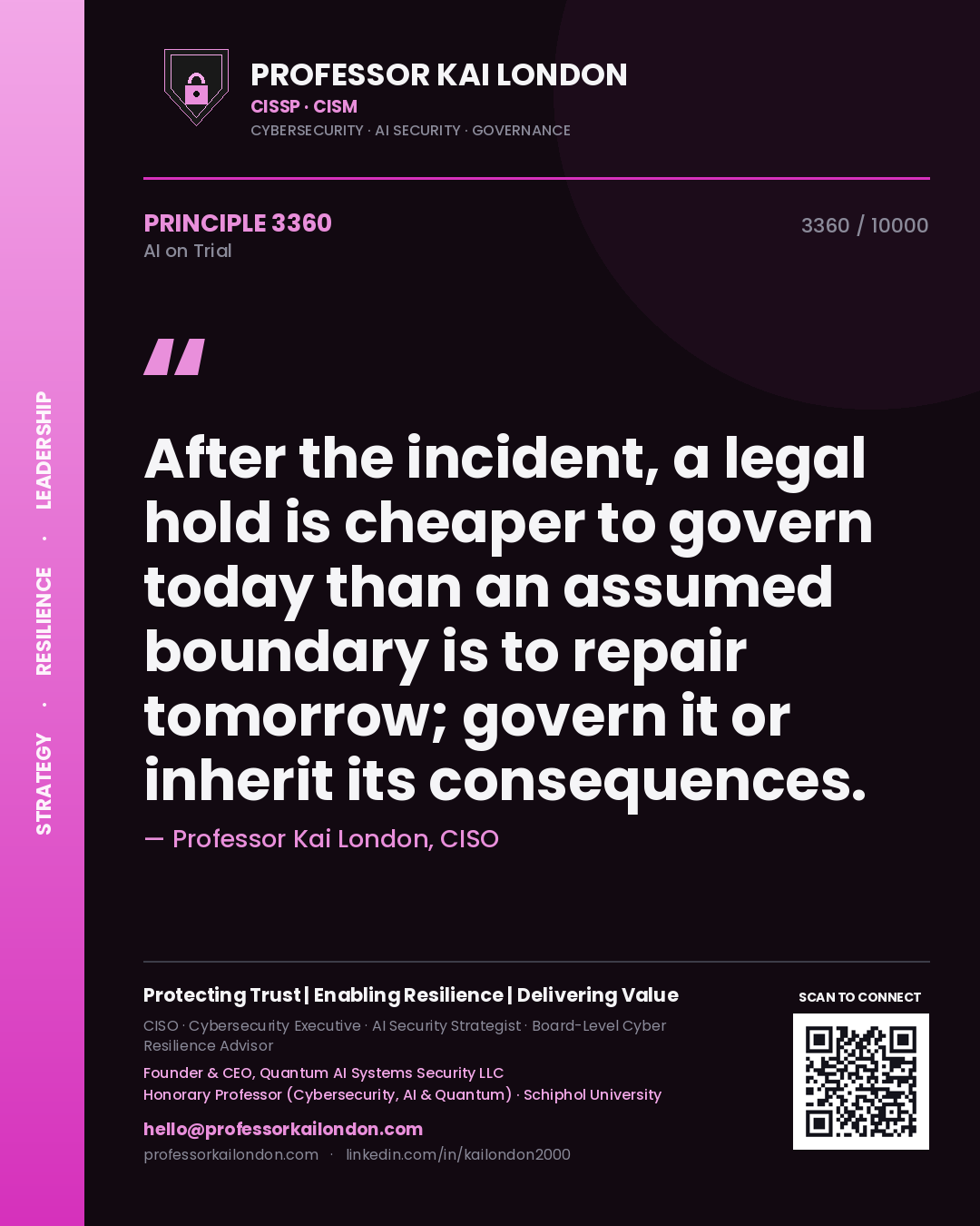 Professor Kai London principle 3360: After the incident, a legal hold is cheaper to govern today than an assumed boundary is to repair tomorrow; govern it or inherit its consequences.