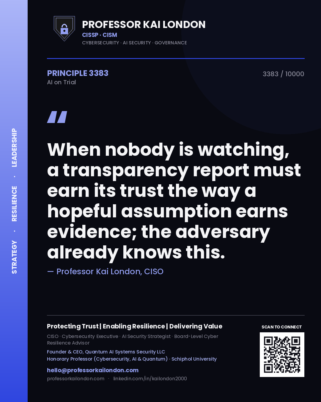 Quote card by Professor Kai London reading 'When nobody is watching, a transparency report must earn its trust the way a hopeful assumption earns evidence; the adversary already knows this.'. From the book AI on Trial.
