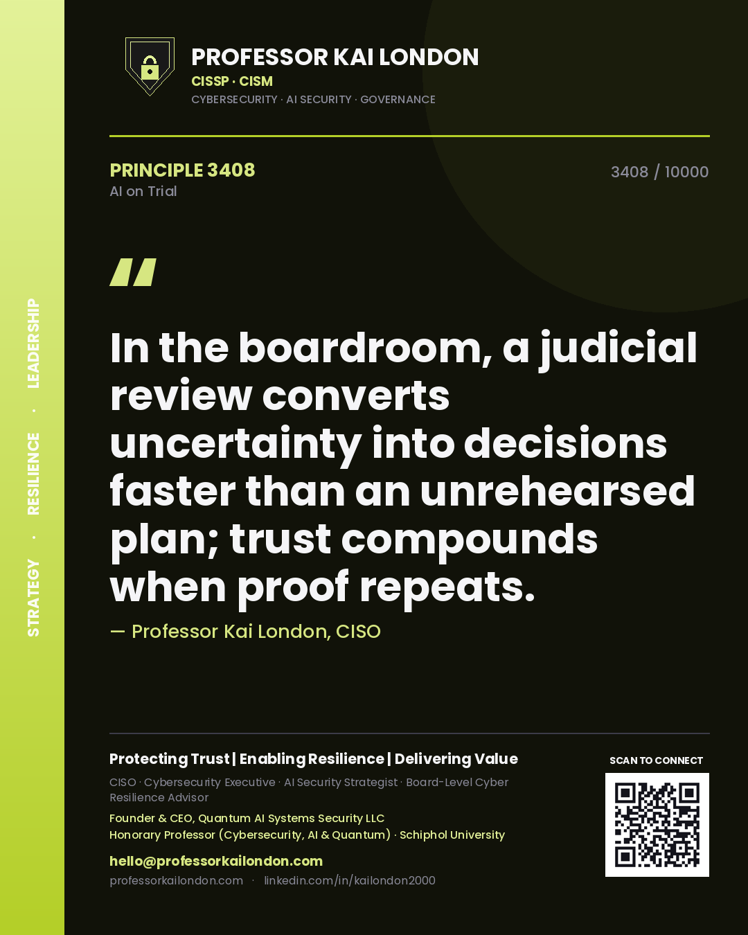 Quote card by Professor Kai London reading 'In the boardroom, a judicial review converts uncertainty into decisions faster than an unrehearsed plan; trust compounds when proof repeats.'. From the book AI on Trial.