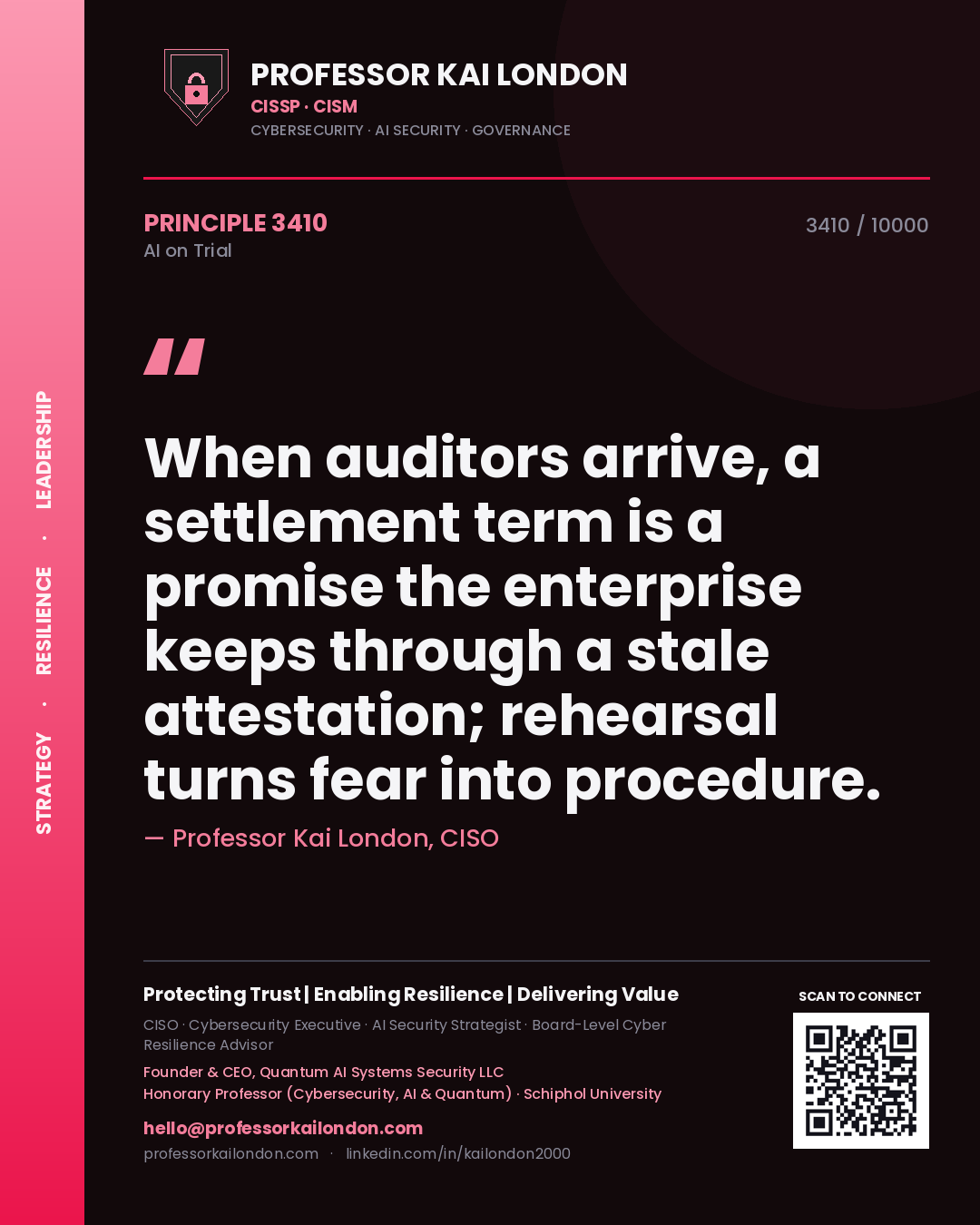 Quote card by Professor Kai London reading 'When auditors arrive, a settlement term is a promise the enterprise keeps through a stale attestation; rehearsal turns fear into procedure.'. From the book AI on Trial.