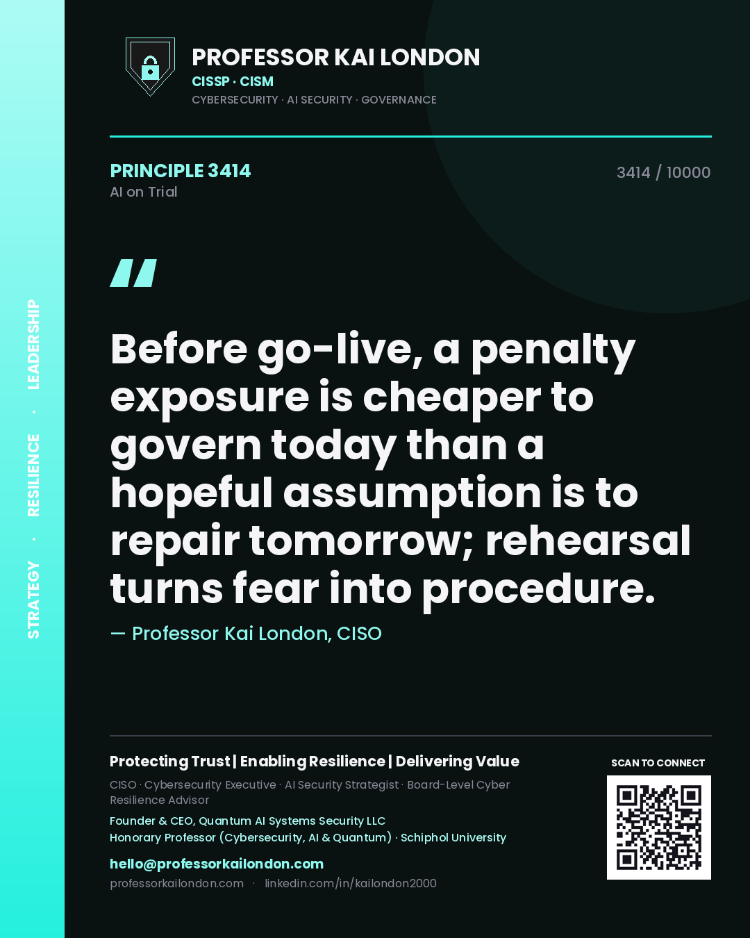 Quote card by Professor Kai London reading 'Before go-live, a penalty exposure is cheaper to govern today than a hopeful assumption is to repair tomorrow; rehearsal turns fear into procedure.'. From the book AI on Trial.