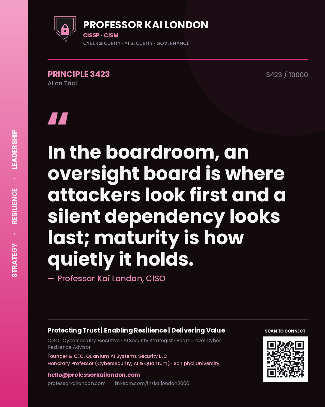 Quote card by Professor Kai London reading 'In the boardroom, an oversight board is where attackers look first and a silent dependency looks last; maturity is how quietly it holds.'. From the book AI on Trial.