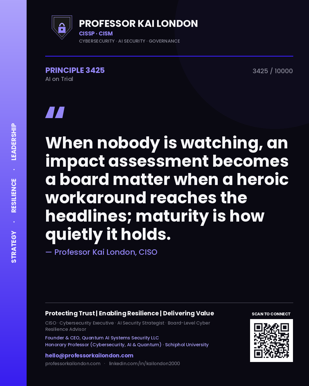 Quote card by Professor Kai London reading 'When nobody is watching, an impact assessment becomes a board matter when a heroic workaround reaches the headlines; maturity is how quietly it holds.'. From the book AI on Trial.