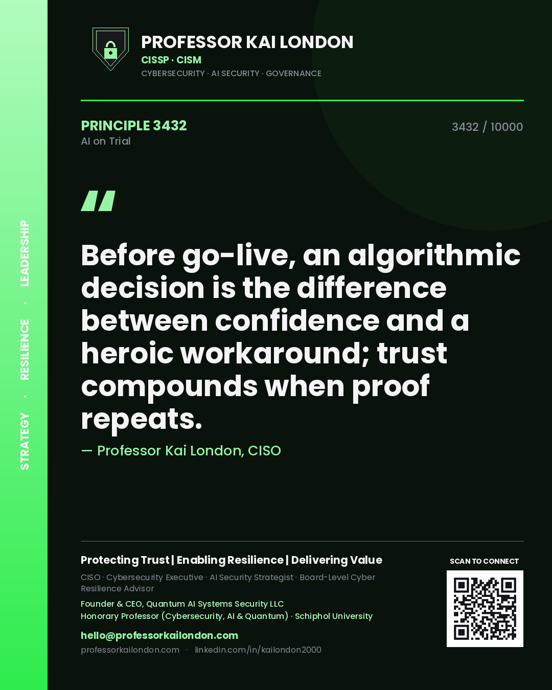 Quote card by Professor Kai London reading 'Before go-live, an algorithmic decision is the difference between confidence and a heroic workaround; trust compounds when proof repeats.'. From the book AI on Trial.