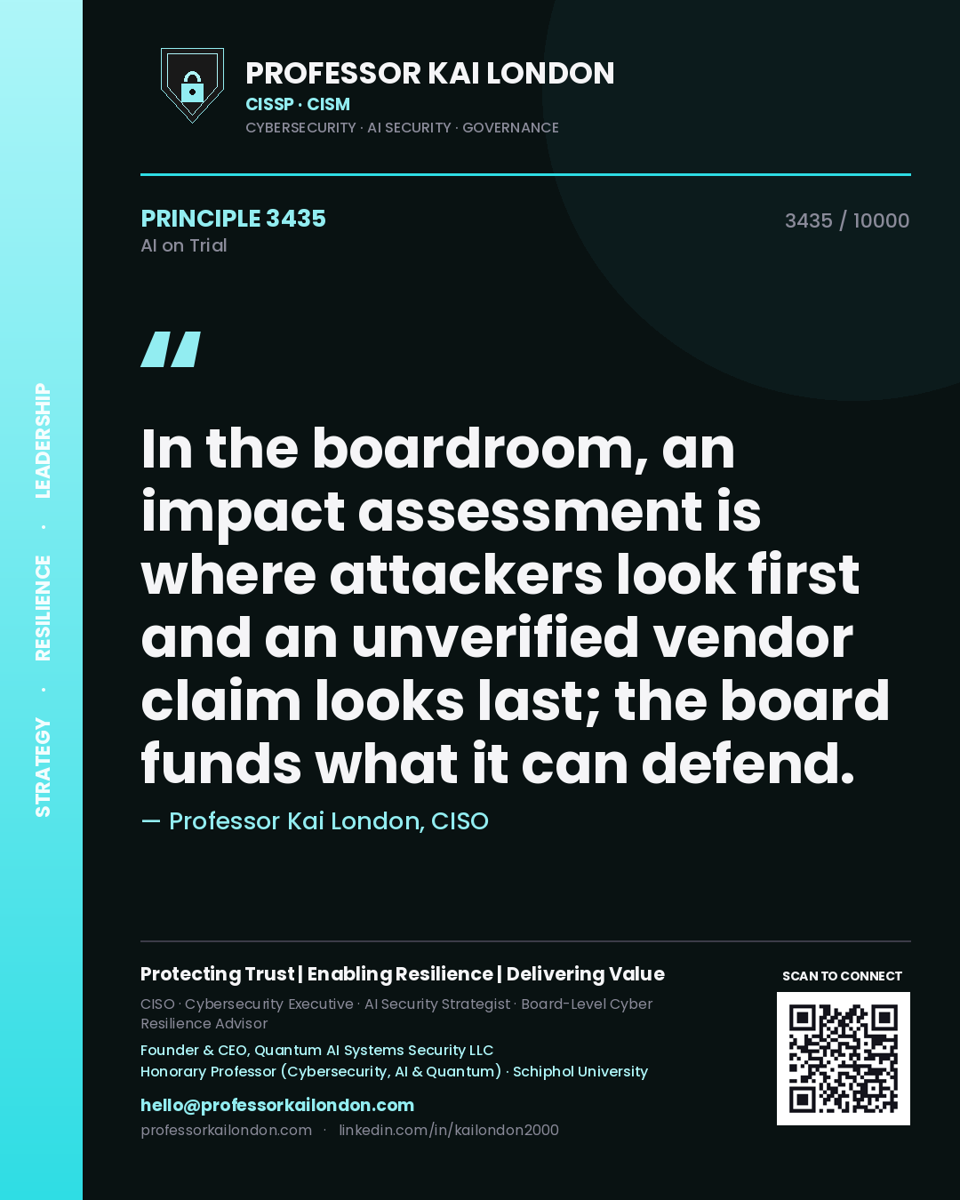 Quote card by Professor Kai London reading 'In the boardroom, an impact assessment is where attackers look first and an unverified vendor claim looks last; the board funds what it can defend.'. From the book AI on Trial.