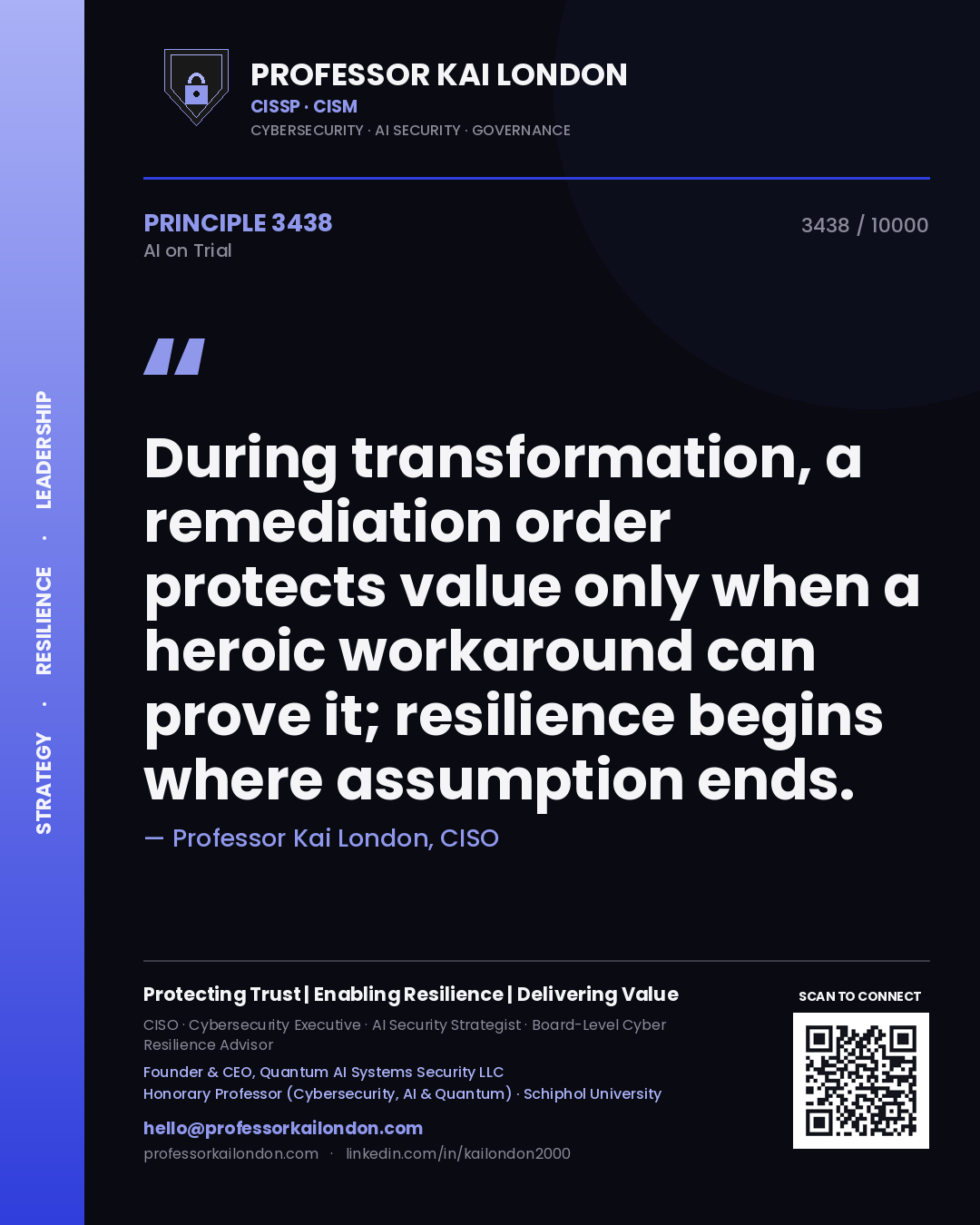 Quote card by Professor Kai London reading 'During transformation, a remediation order protects value only when a heroic workaround can prove it; resilience begins where assumption ends.'. From the book AI on Trial.