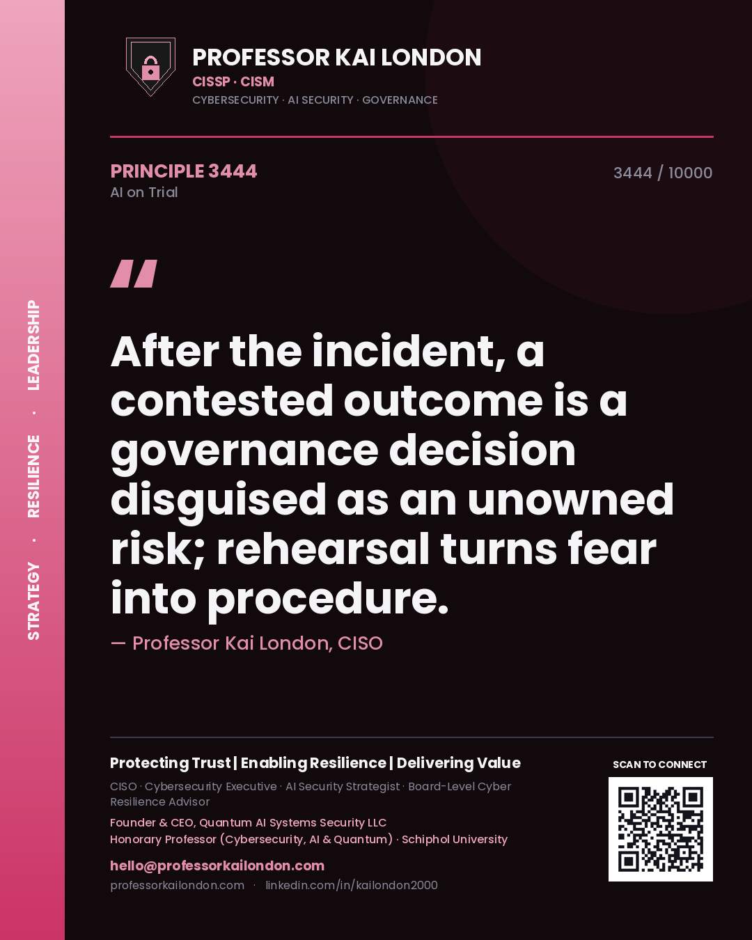 Professor Kai London principle 3444: After the incident, a contested outcome is a governance decision disguised as an unowned risk; rehearsal turns fear into procedure.