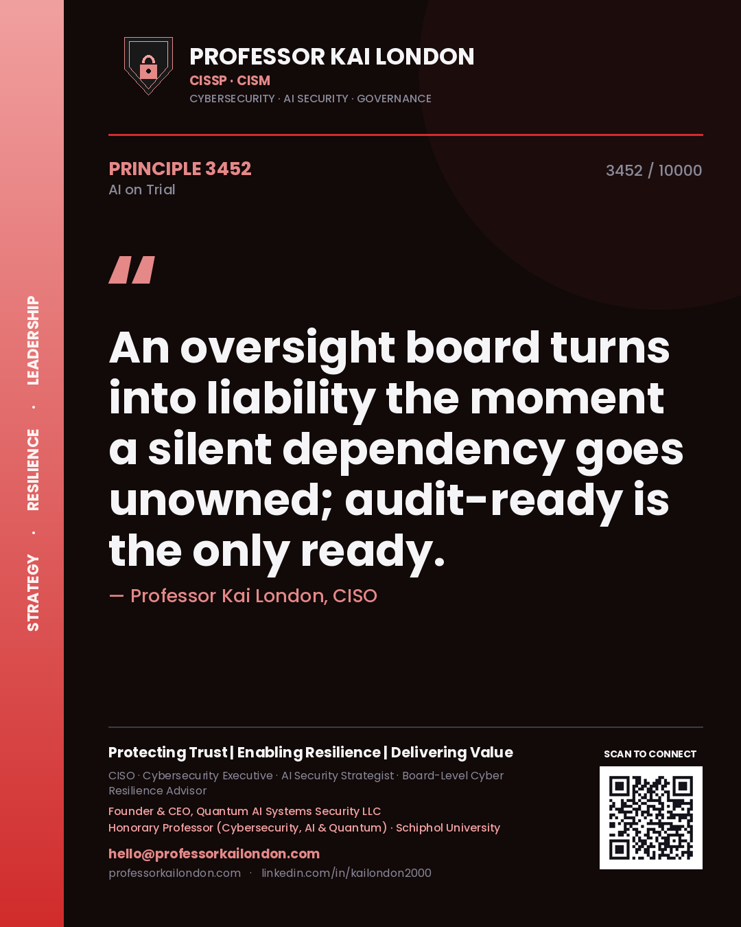 Quote card by Professor Kai London reading 'An oversight board turns into liability the moment a silent dependency goes unowned; audit-ready is the only ready.'. From the book AI on Trial.