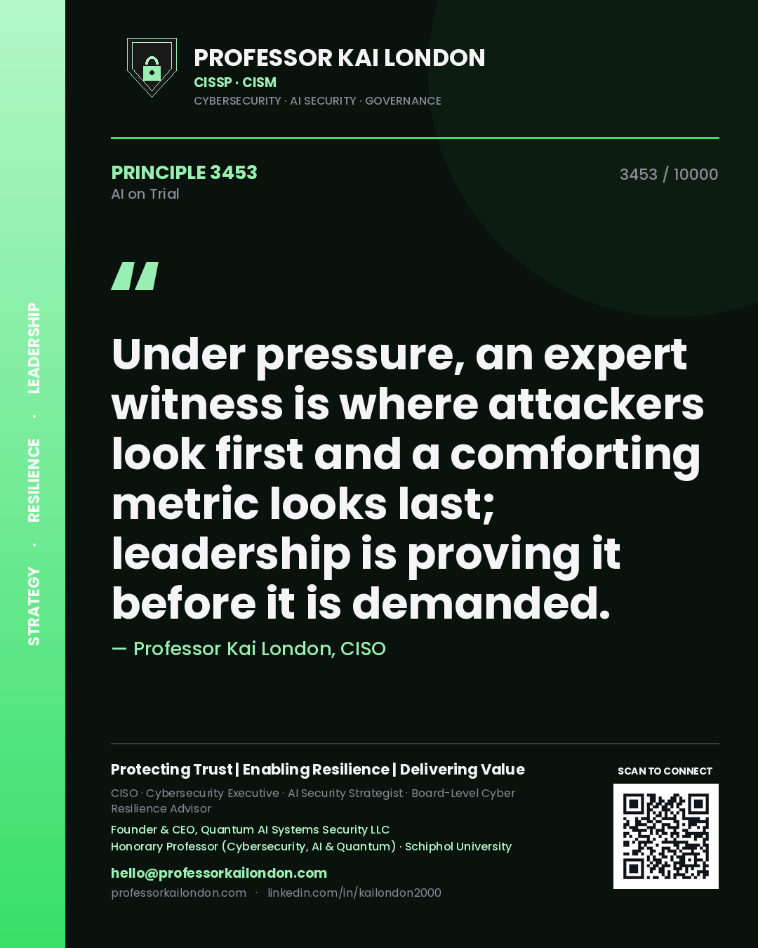 Quote card by Professor Kai London reading 'Under pressure, an expert witness is where attackers look first and a comforting metric looks last; leadership is proving it before it is demanded.'. From the book AI on Trial.