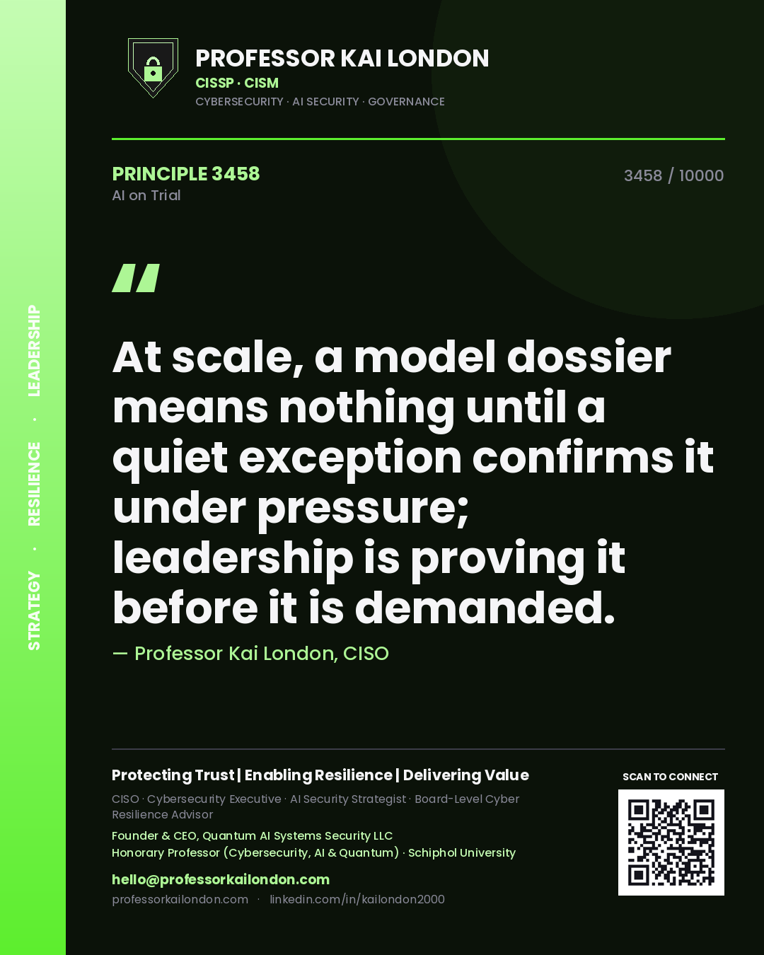 Quote card by Professor Kai London reading 'At scale, a model dossier means nothing until a quiet exception confirms it under pressure; leadership is proving it before it is demanded.'. From the book AI on Trial.