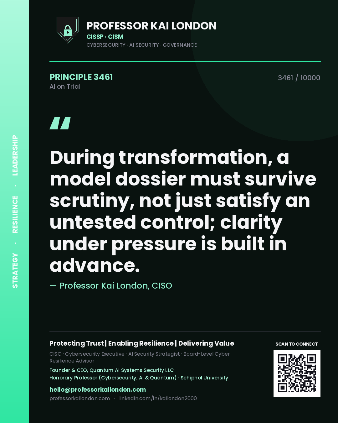 Quote card by Professor Kai London reading 'During transformation, a model dossier must survive scrutiny, not just satisfy an untested control; clarity under pressure is built in advance.'. From the book AI on Trial.