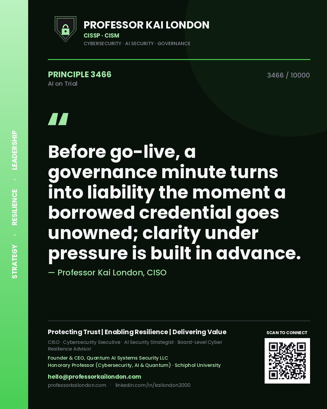 Quote card by Professor Kai London reading 'Before go-live, a governance minute turns into liability the moment a borrowed credential goes unowned; clarity under pressure is built in advance.'. From the book AI on Trial.